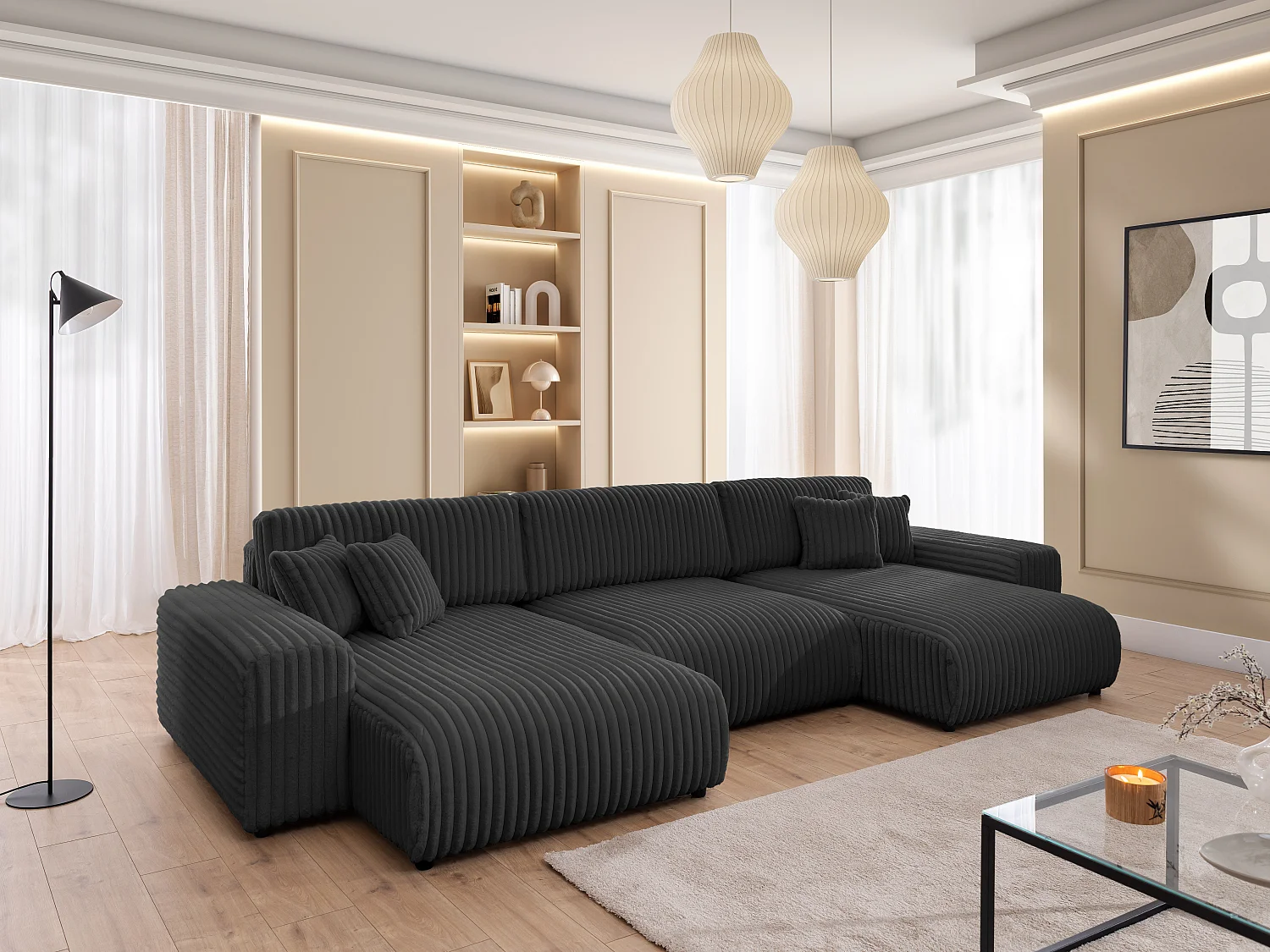 Canapé panoramique avec fonction couchage et coffre de rangement en velours côtelé pelucheux gris foncé MOLLIS