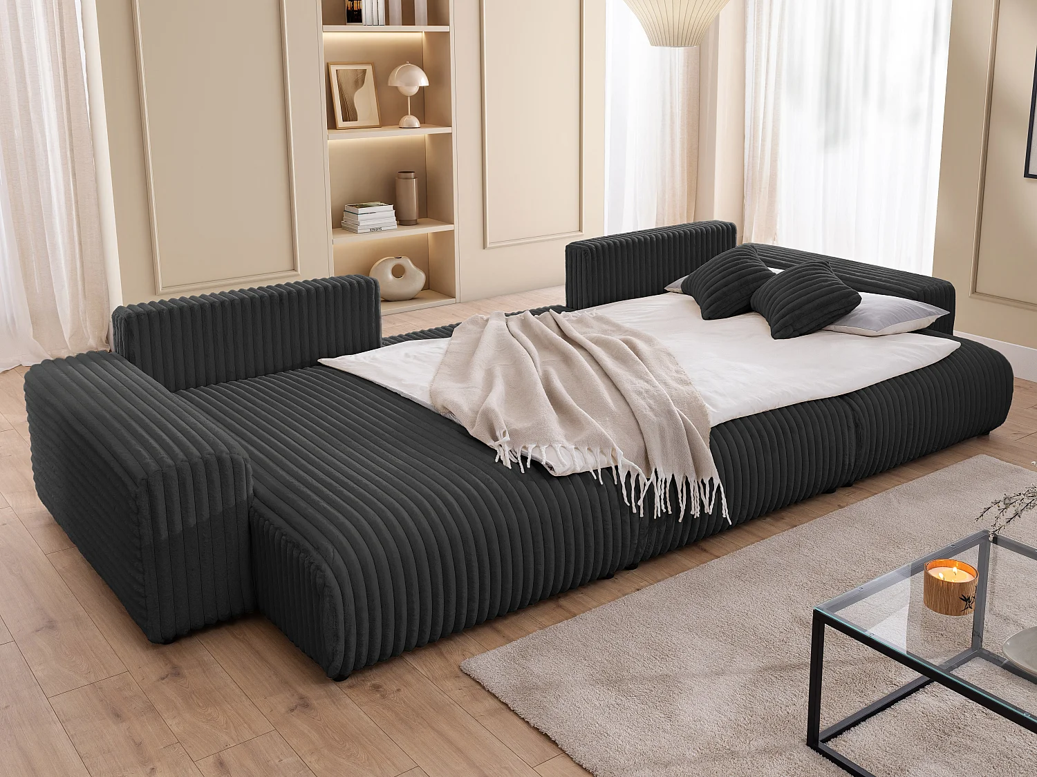 Canapé panoramique avec fonction couchage et coffre de rangement en velours côtelé pelucheux gris foncé MOLLIS