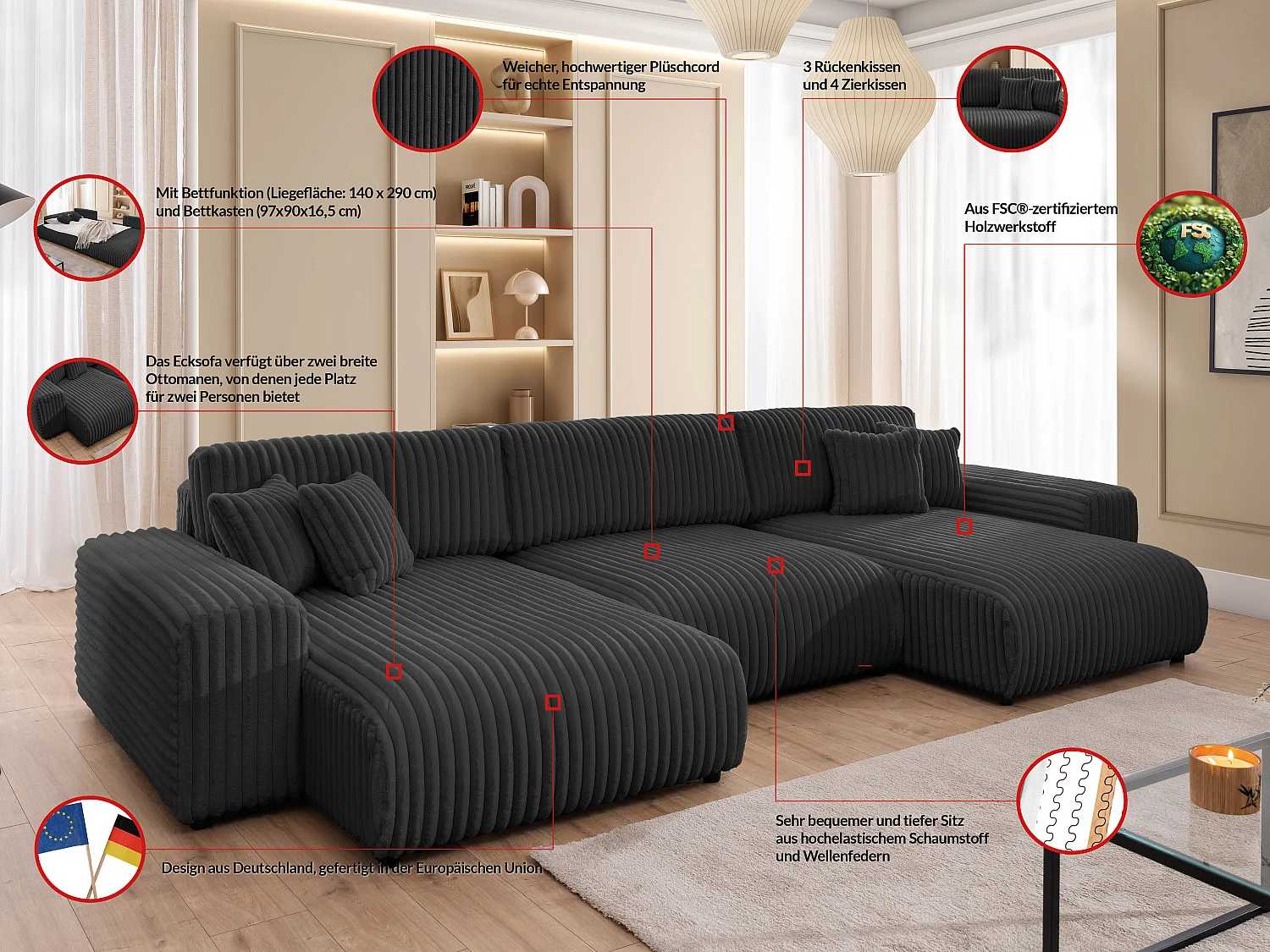 Canapé panoramique avec fonction couchage et coffre de rangement en velours côtelé pelucheux gris foncé MOLLIS