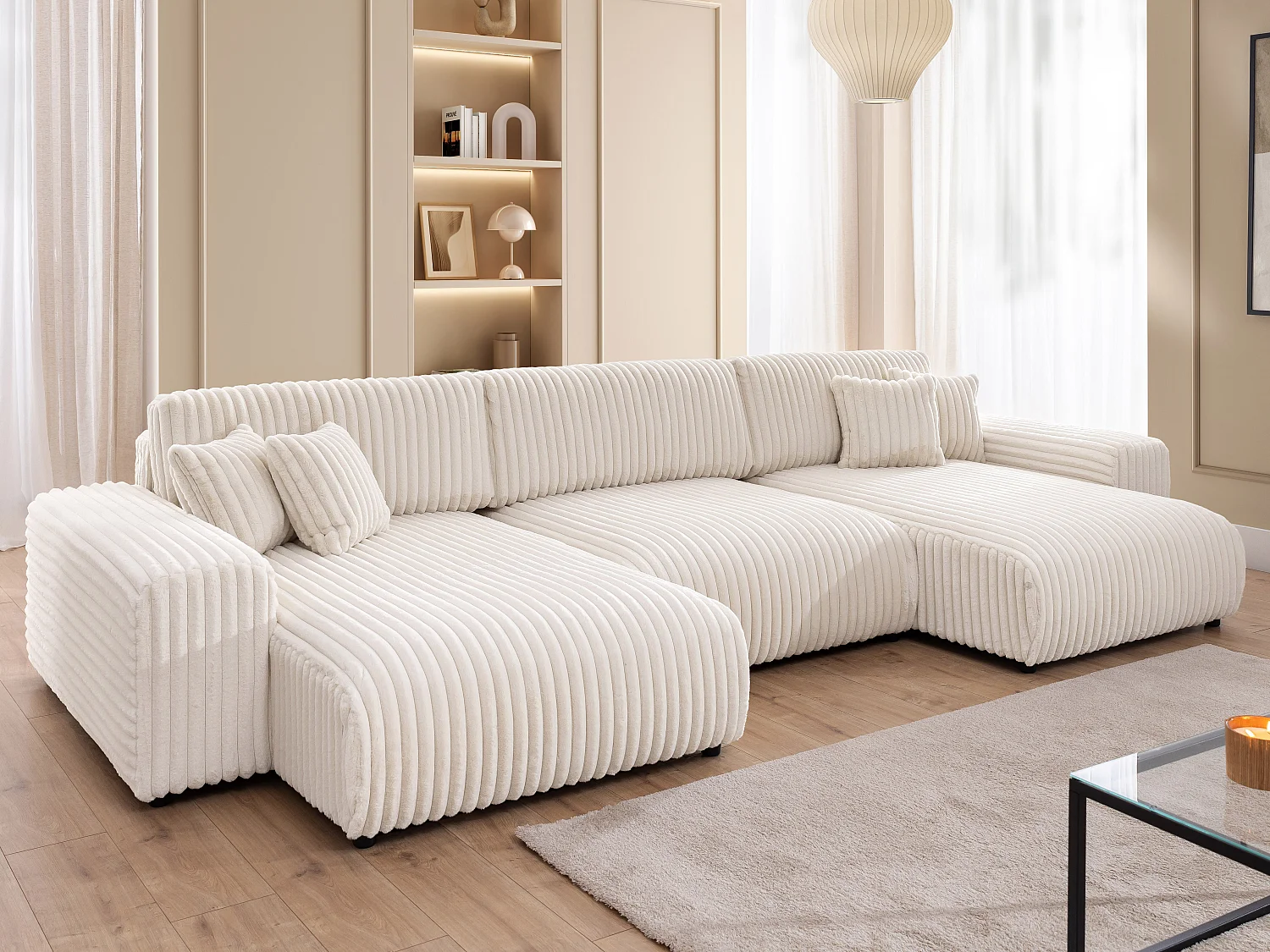 Canapé panoramique avec fonction couchage et coffre de rangement en velours côtelé pelucheux beige clair MOLLIS