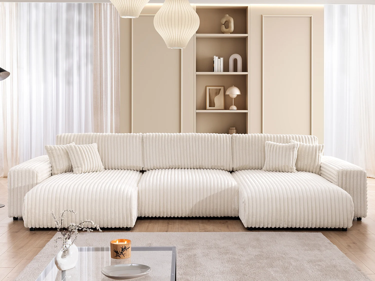 Canapé panoramique avec fonction couchage et coffre de rangement en velours côtelé pelucheux beige clair MOLLIS