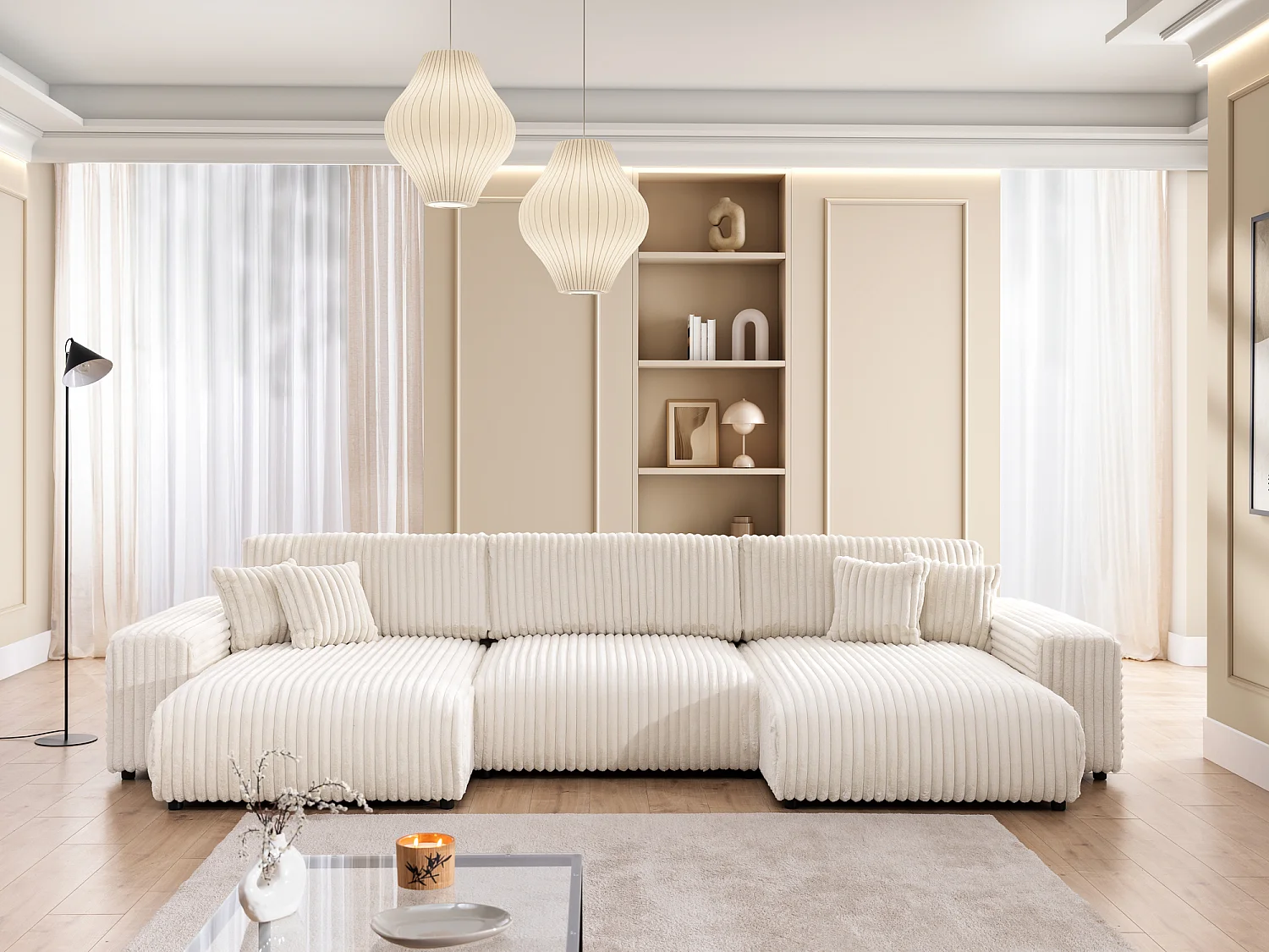 Canapé panoramique avec fonction couchage et coffre de rangement en velours côtelé pelucheux beige clair MOLLIS