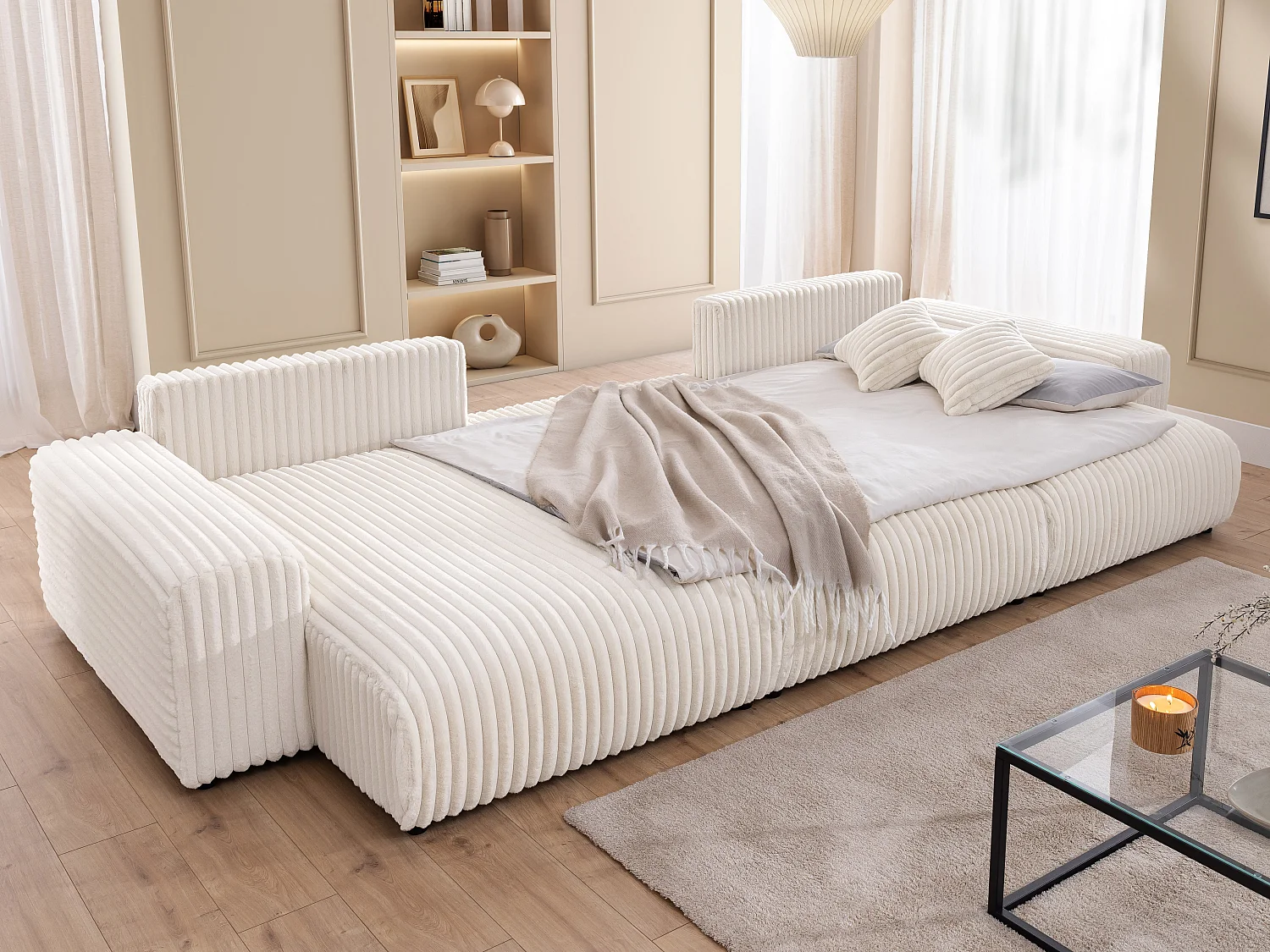 Canapé panoramique avec fonction couchage et coffre de rangement en velours côtelé pelucheux beige clair MOLLIS