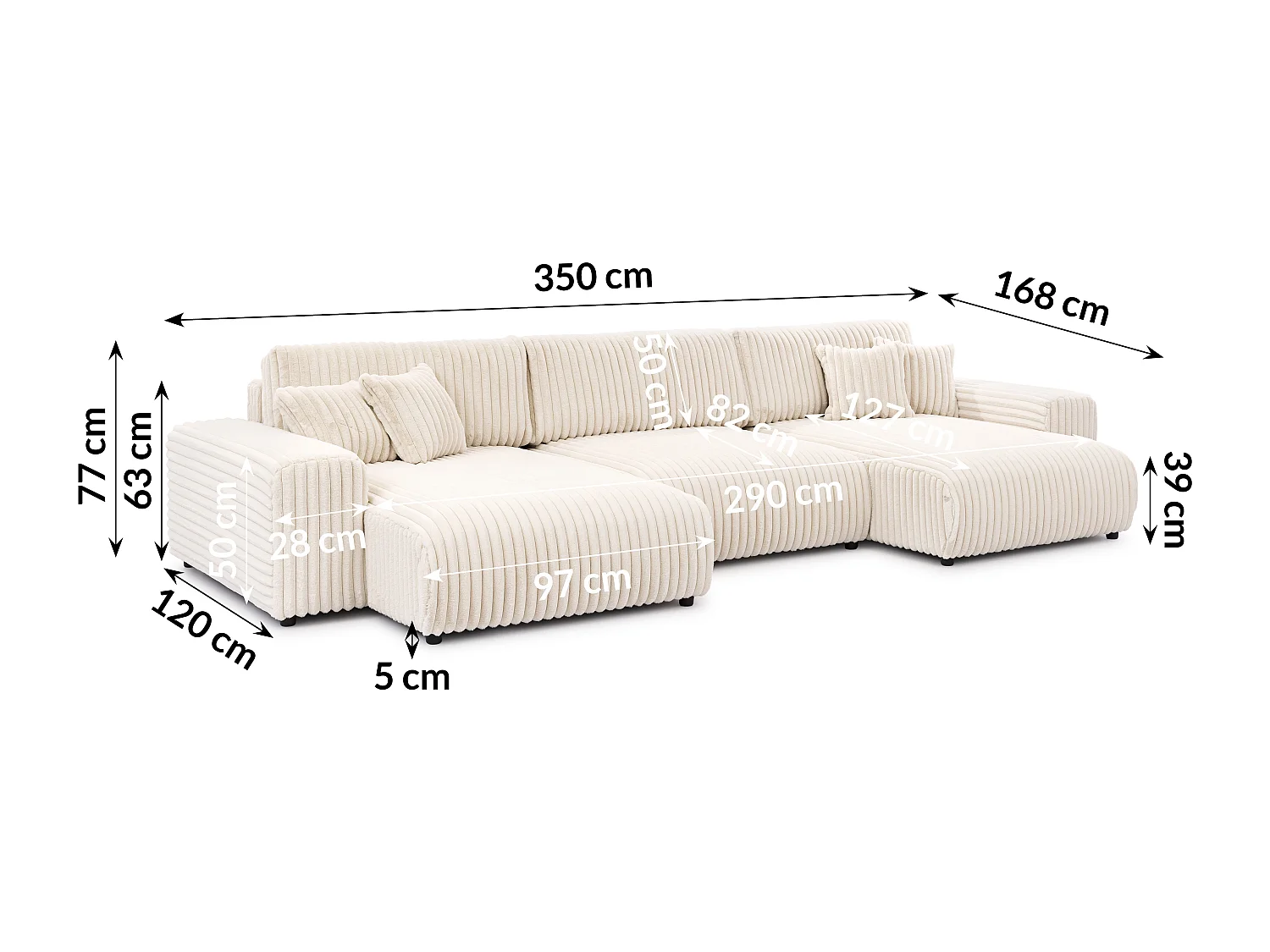 Canapé panoramique avec fonction couchage et coffre de rangement en velours côtelé pelucheux beige clair MOLLIS