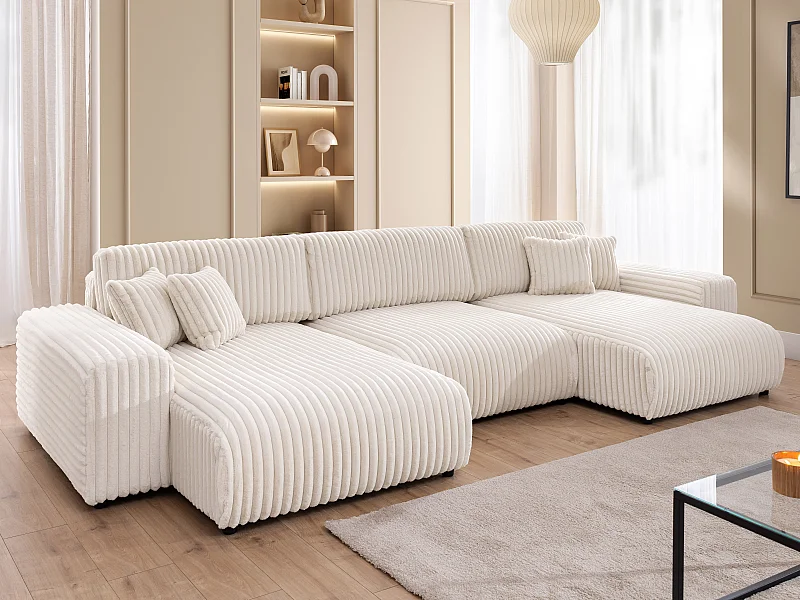 Canapé panoramique avec fonction couchage et coffre de rangement en velours côtelé pelucheux beige clair MOLLIS