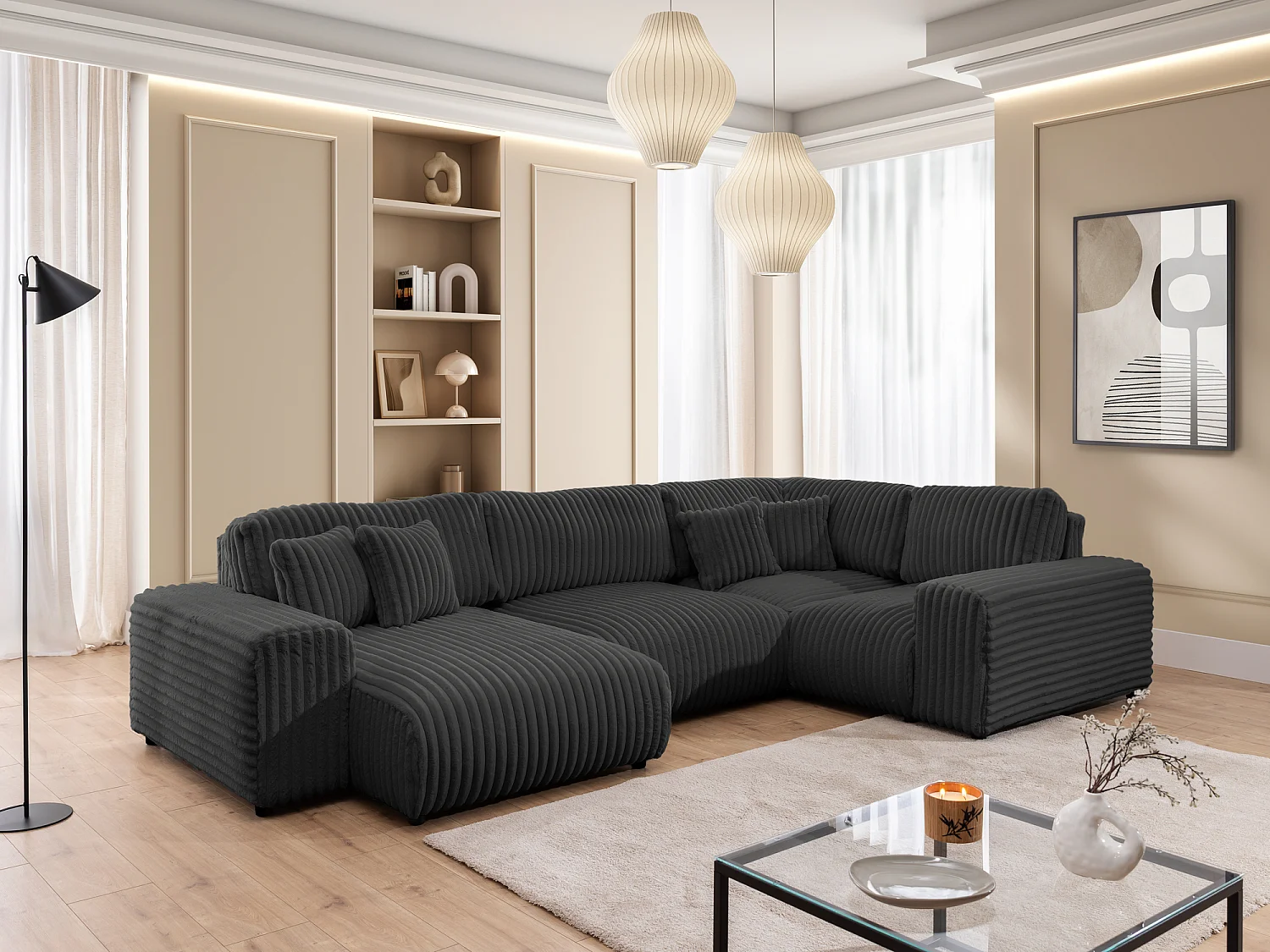 Canapé panoramique XXL avec fonction couchage et coffre de rangement en velours côtelé pelucheux gris foncé MOLLIS