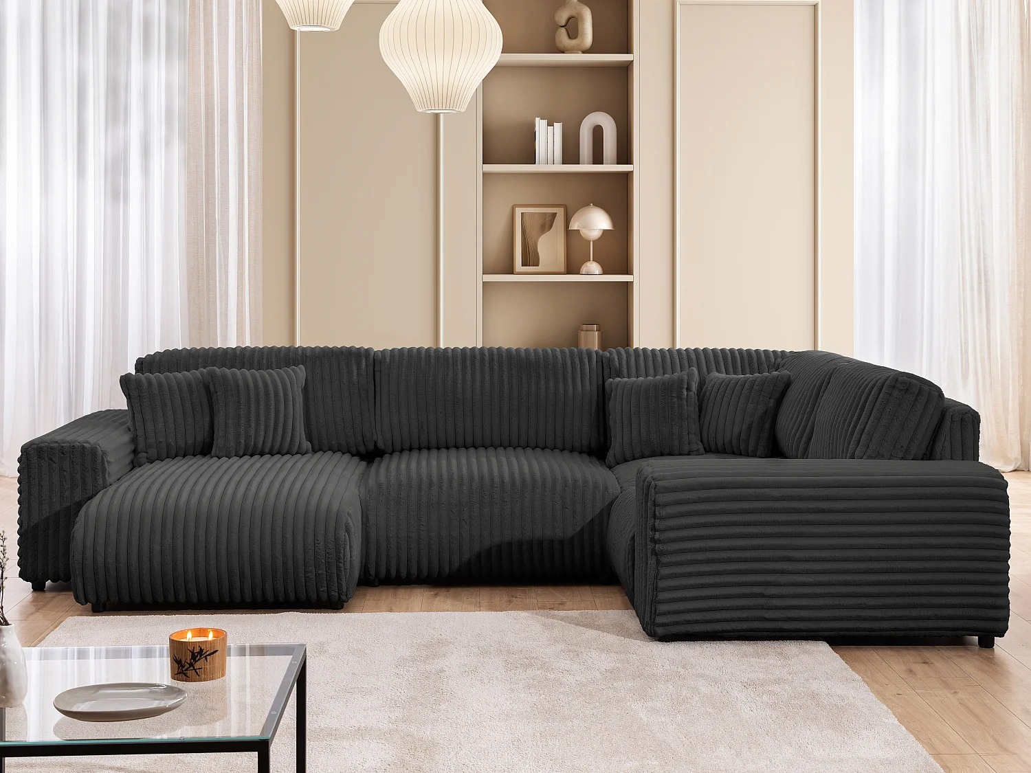 Canapé panoramique XXL avec fonction couchage et coffre de rangement en velours côtelé pelucheux gris foncé MOLLIS