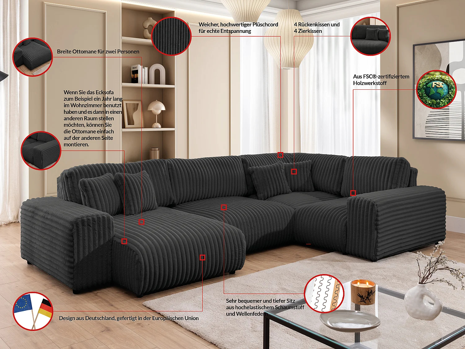 Canapé panoramique XXL avec fonction couchage et coffre de rangement en velours côtelé pelucheux gris foncé MOLLIS