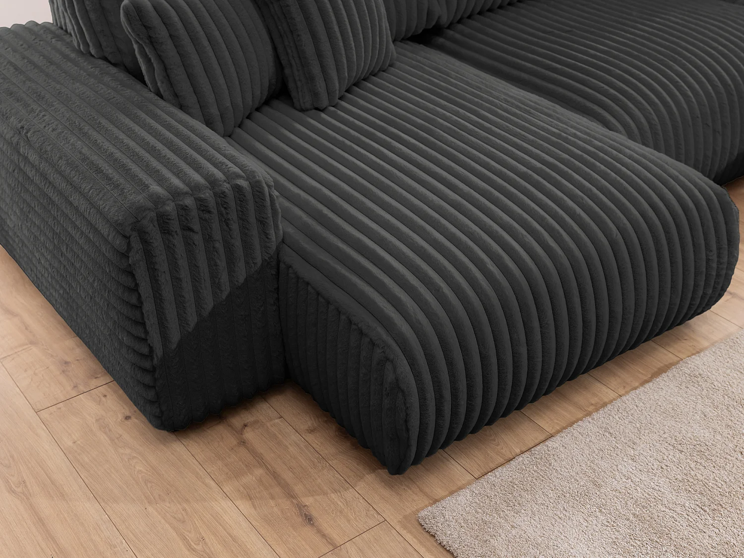 Canapé panoramique XXL avec fonction couchage et coffre de rangement en velours côtelé pelucheux gris foncé MOLLIS