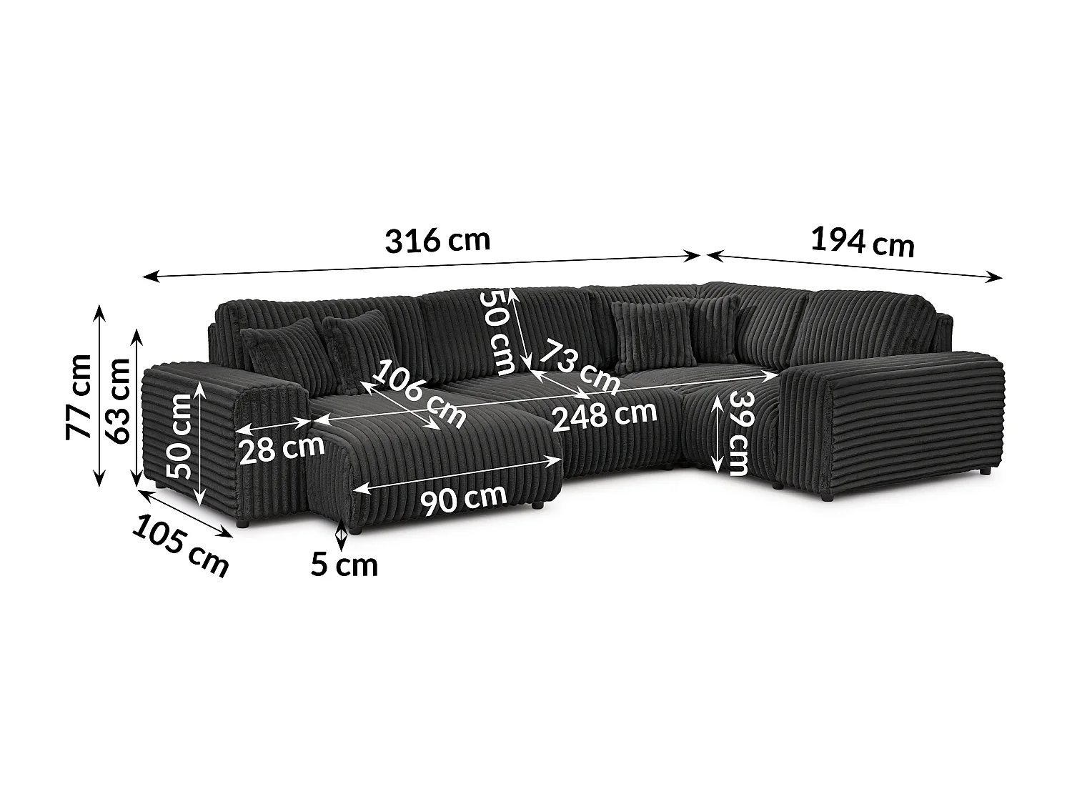 Canapé panoramique XXL avec fonction couchage et coffre de rangement en velours côtelé pelucheux gris foncé MOLLIS