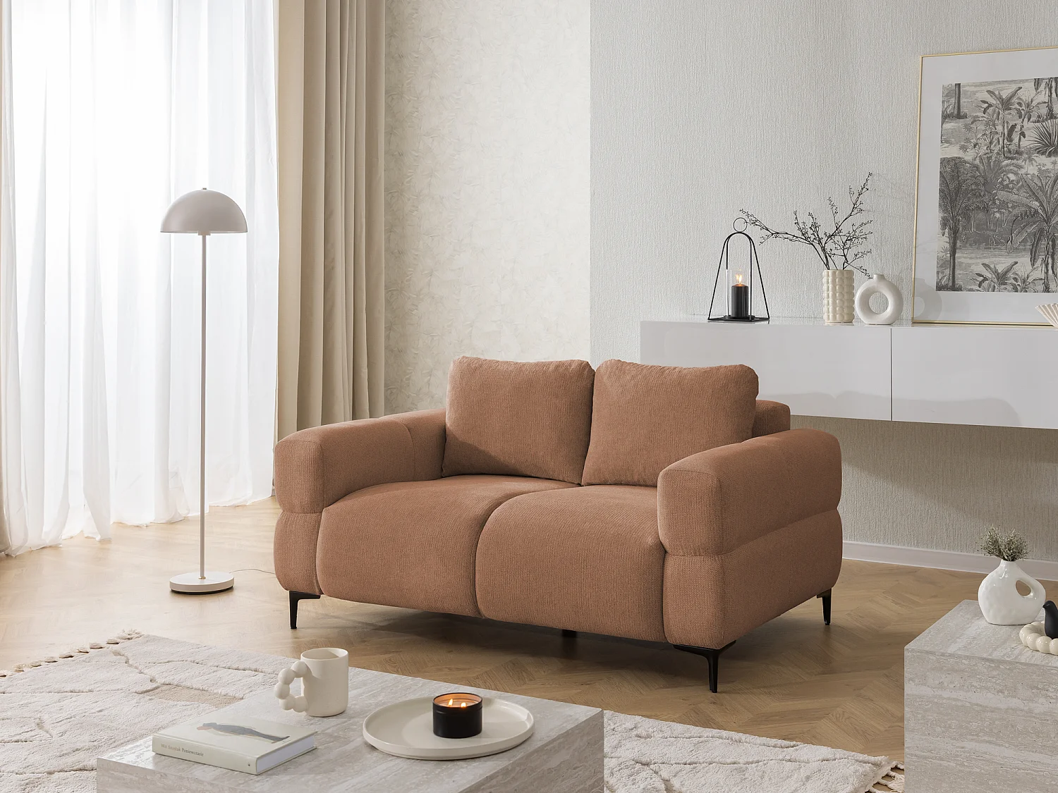 Canapé 2 places au style bubble en tissu structuré terre cuite doux CARDEA