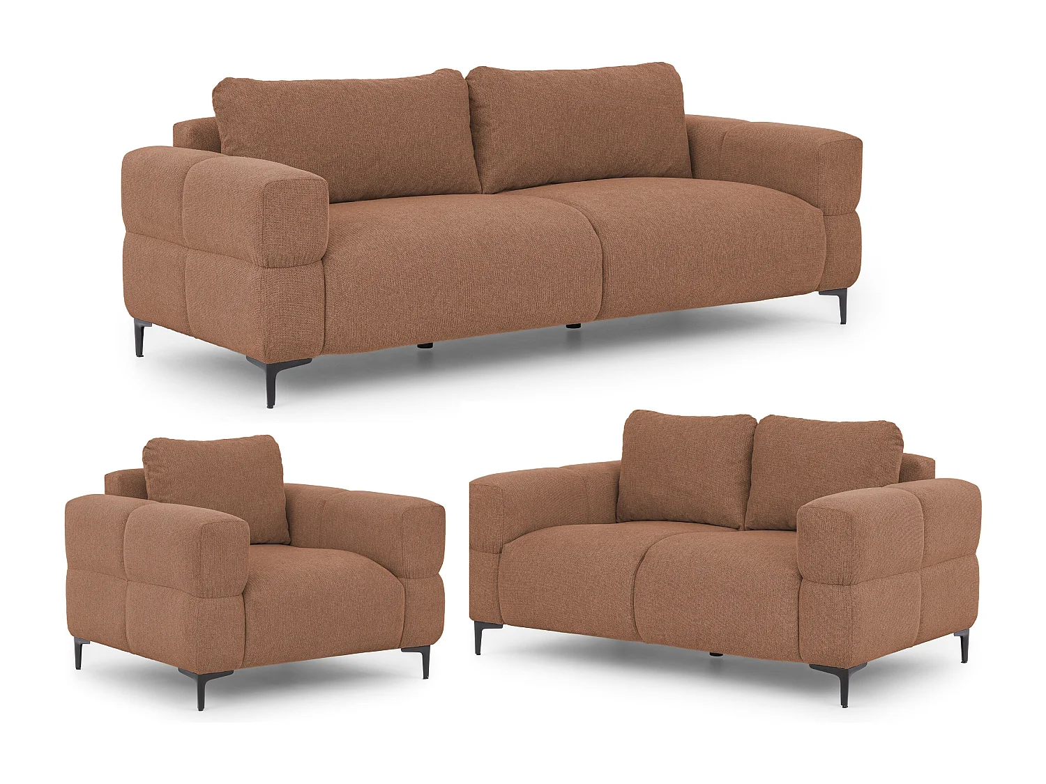 Ensemble de canapés 3+2+1 (3 places, 2 places et fauteuil) au design bubble en tissu texturé doux de couleur terre cuite CARDEA