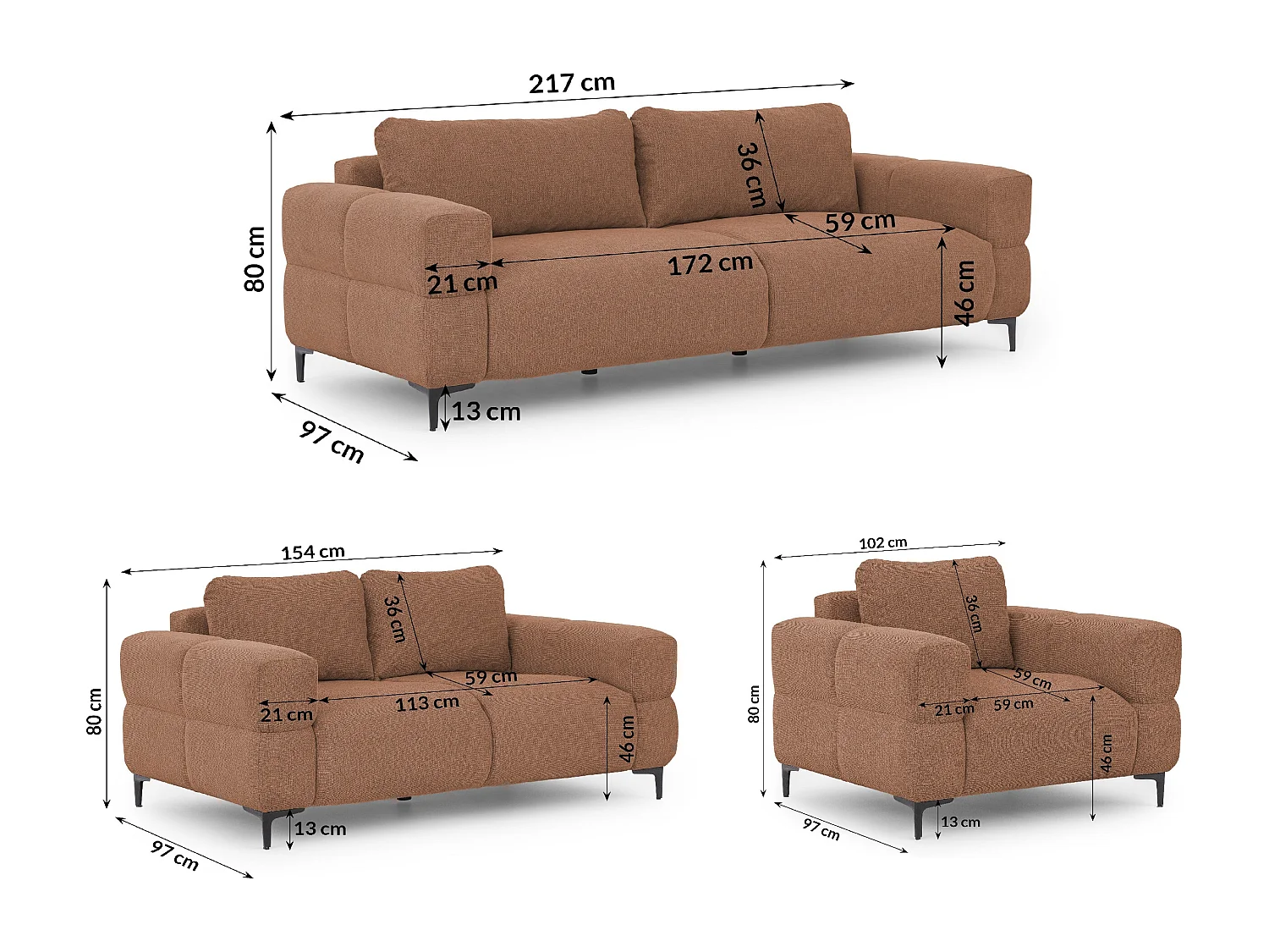 Ensemble de canapés 3+2+1 (3 places, 2 places et fauteuil) au design bubble en tissu texturé doux de couleur terre cuite CARDEA