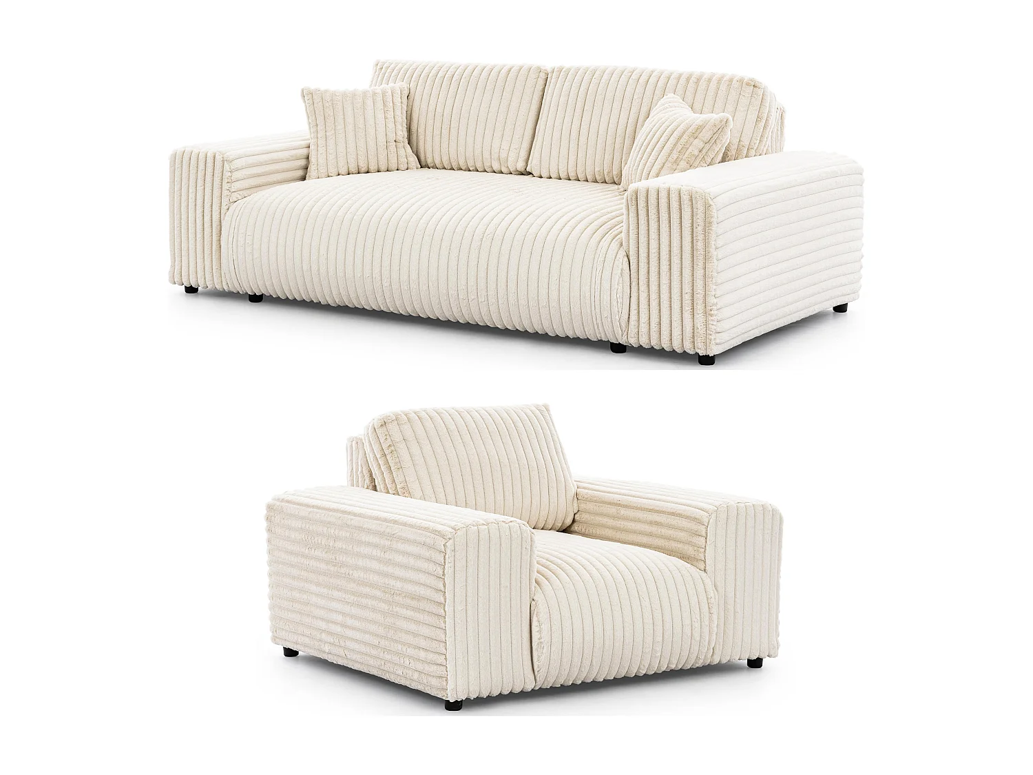 Ensemble de canapés 3+1 (3 places et fauteuil) 3+2+1 en velours côtelé pelucheux beige clair MOLLIS