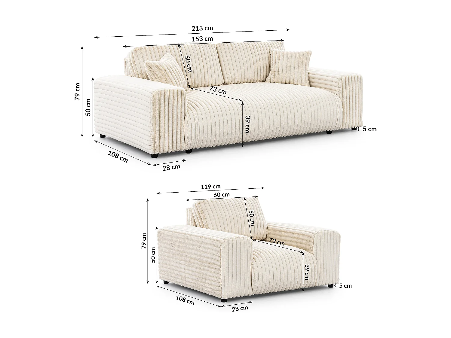 Ensemble de canapés 3+1 (3 places et fauteuil) 3+2+1 en velours côtelé pelucheux beige clair MOLLIS