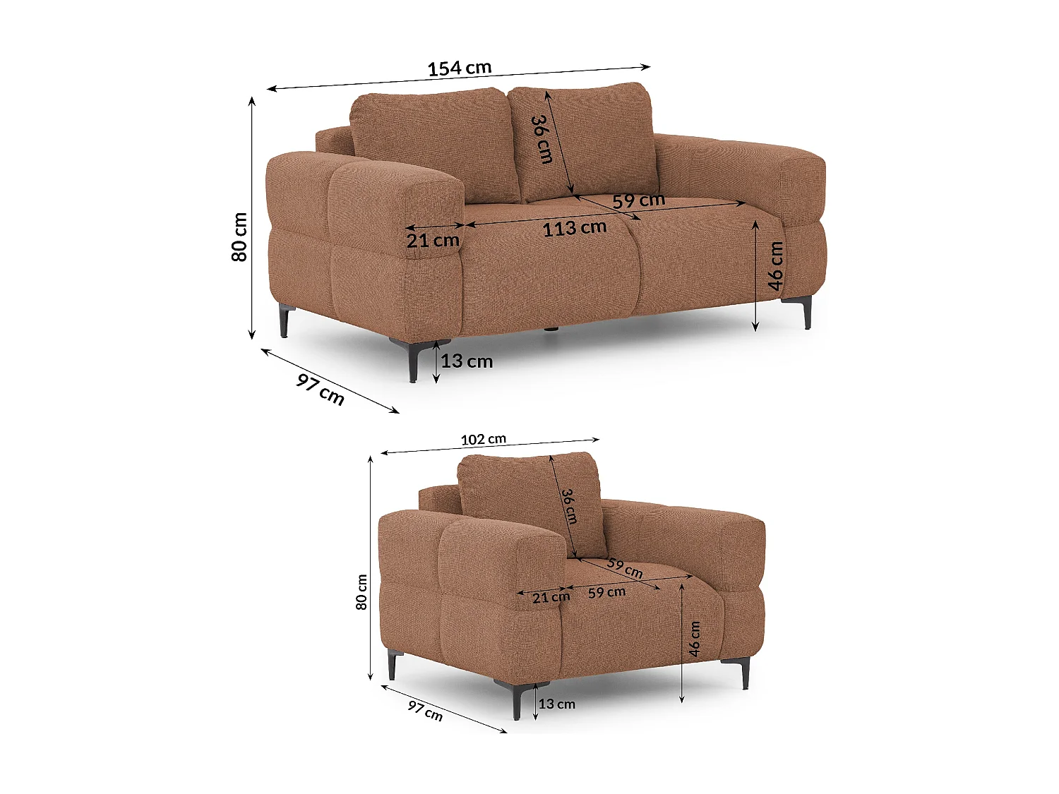 Ensemble de canapés 2+1 (2 places et fauteuil) au design bubble en tissu texturé doux de couleur terre cuite CARDEA