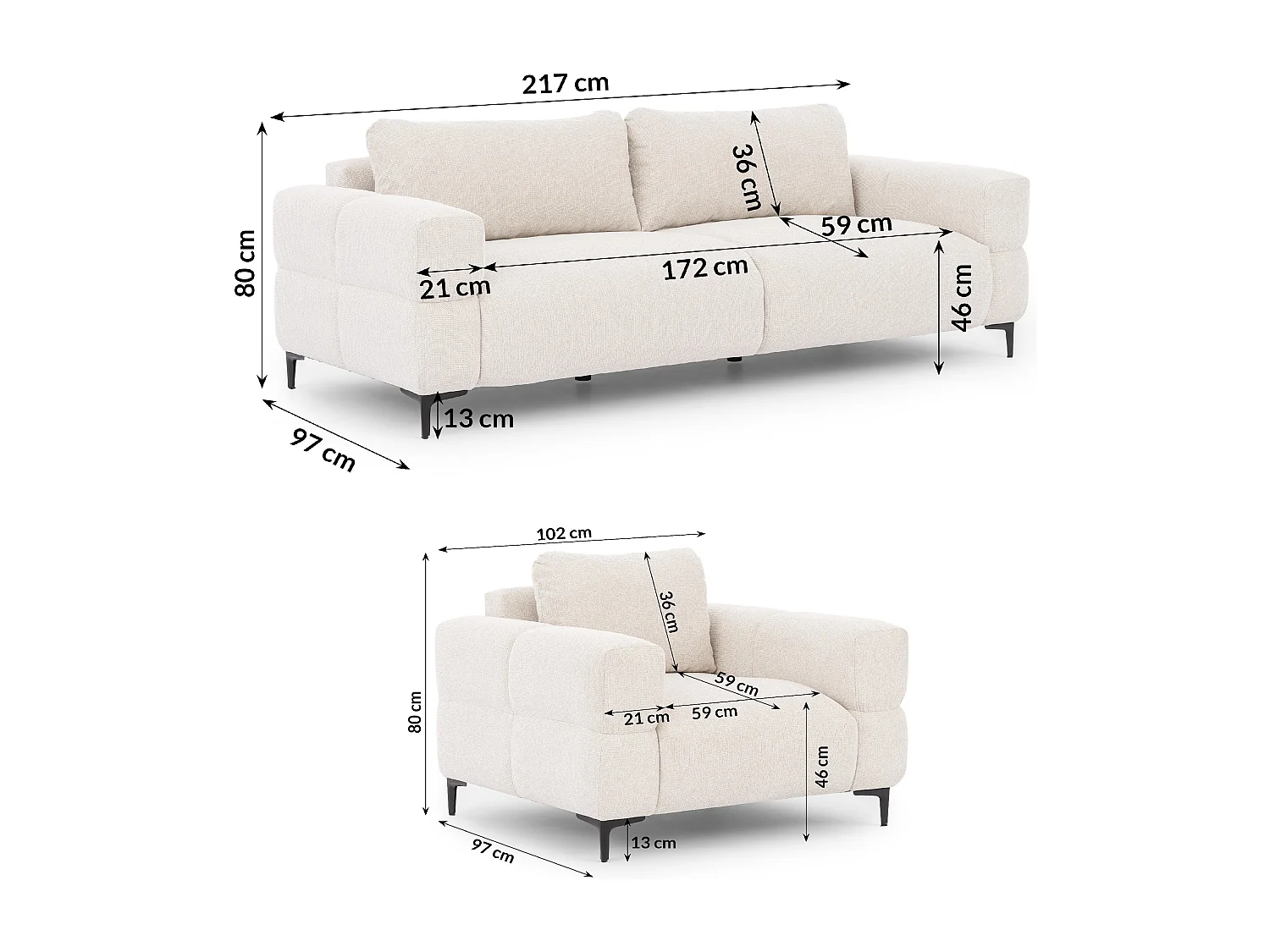 Ensemble de canapés 3+1 (3 places et fauteuil) au design bubble en tissu texturé doux de couleur crème CARDEA