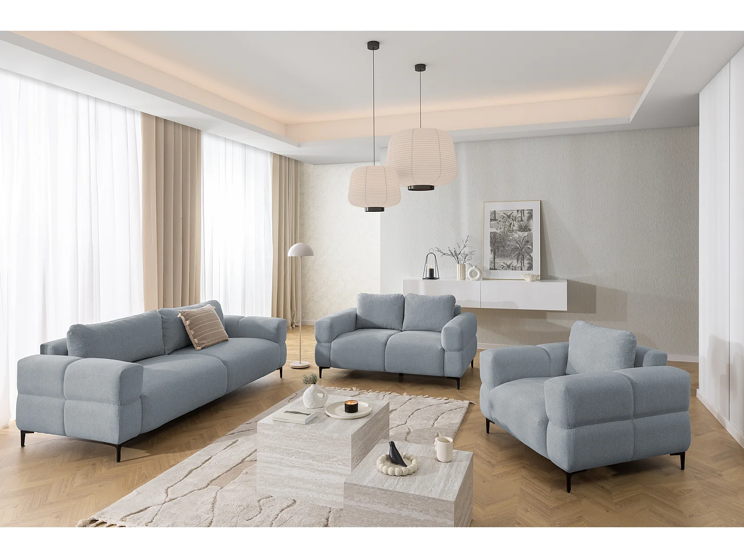 Ensemble de canapés 2+1 (2 places et fauteuil) au design bubble en tissu texturé doux de couleur gris CARDEA