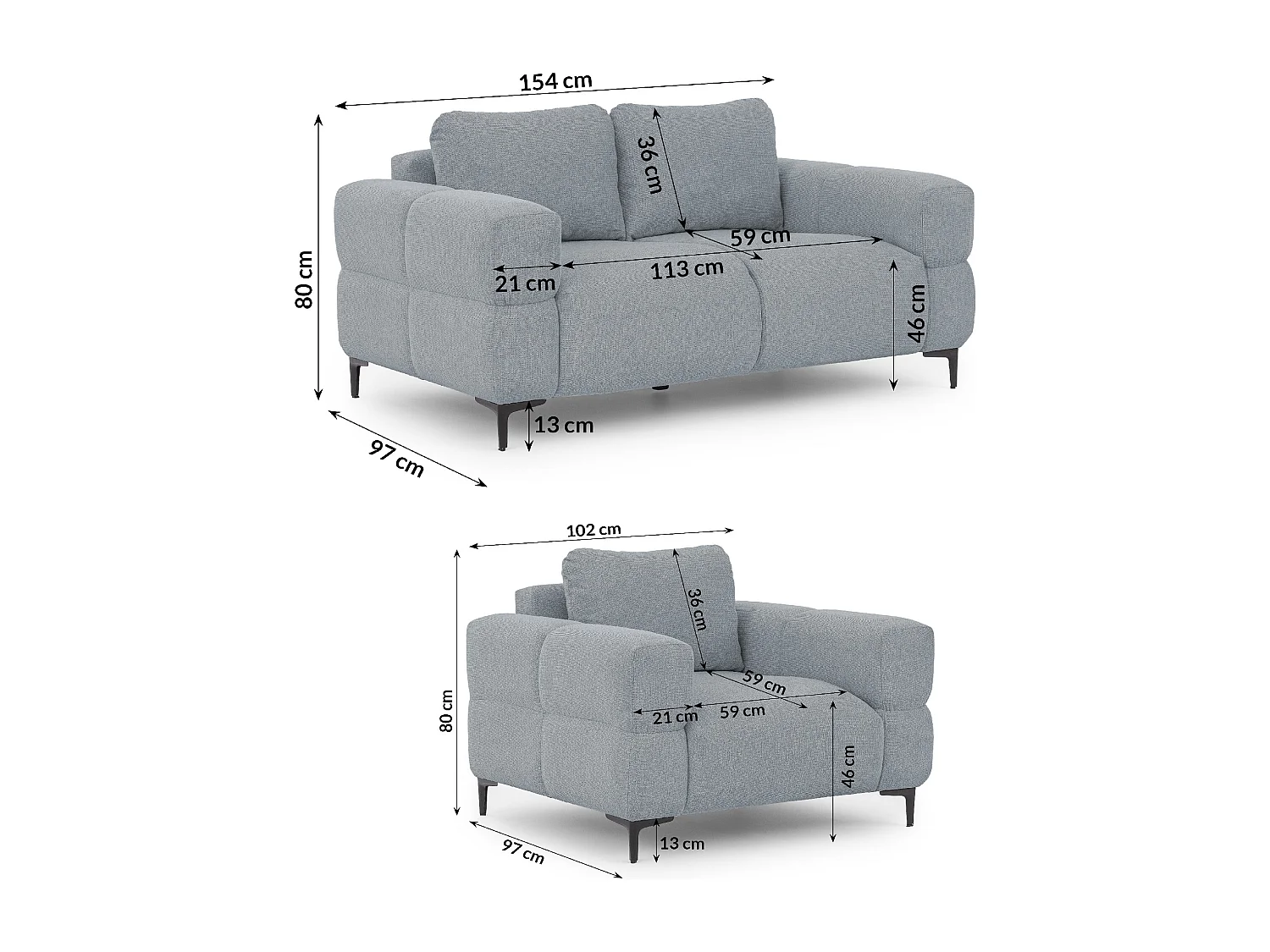 Ensemble de canapés 2+1 (2 places et fauteuil) au design bubble en tissu texturé doux de couleur gris CARDEA