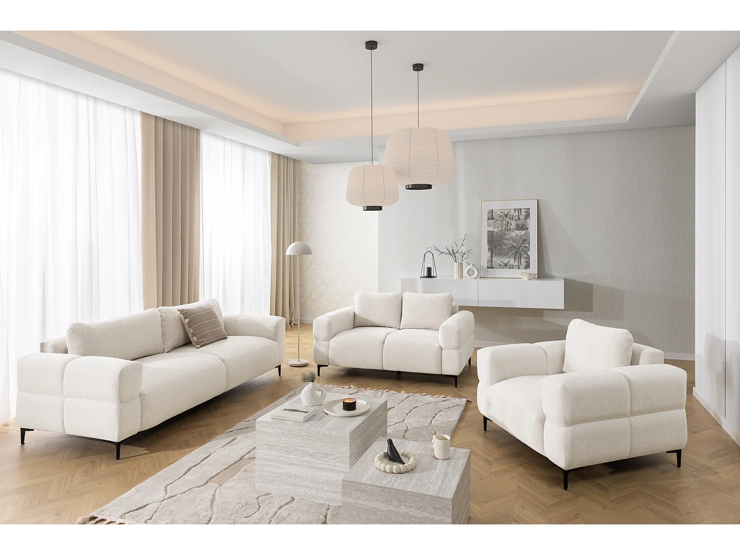 Ensemble de canapés 2+1 (2 places et fauteuil) au design bubble en tissu texturé doux de couleur crème CARDEA