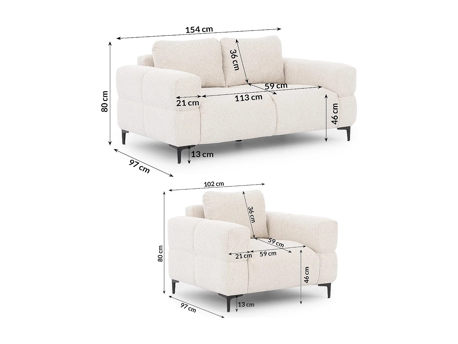 Ensemble de canapés 2+1 (2 places et fauteuil) au design bubble en tissu texturé doux de couleur crème CARDEA