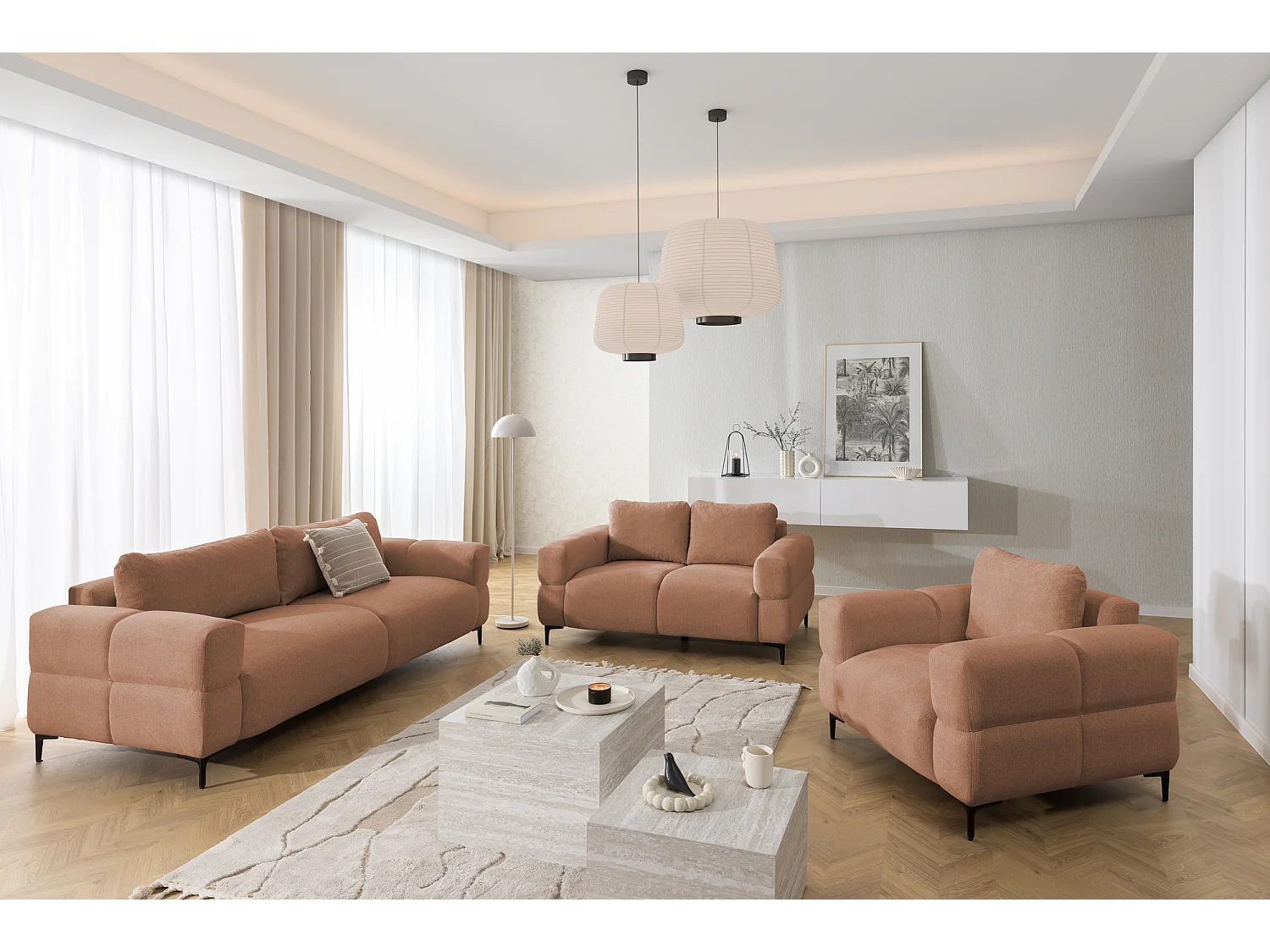 Ensemble de canapés 3+1 (3 places et fauteuil) au design bubble en tissu texturé doux de couleur terre cuite CARDEA