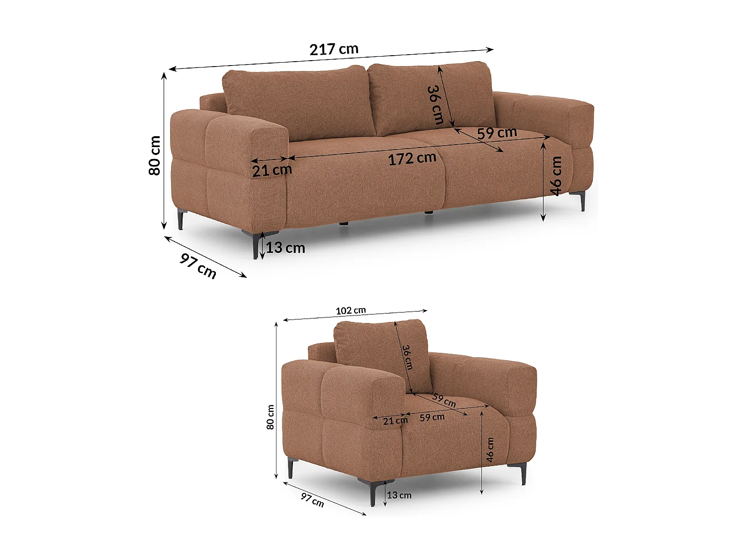 Ensemble de canapés 3+1 (3 places et fauteuil) au design bubble en tissu texturé doux de couleur terre cuite CARDEA