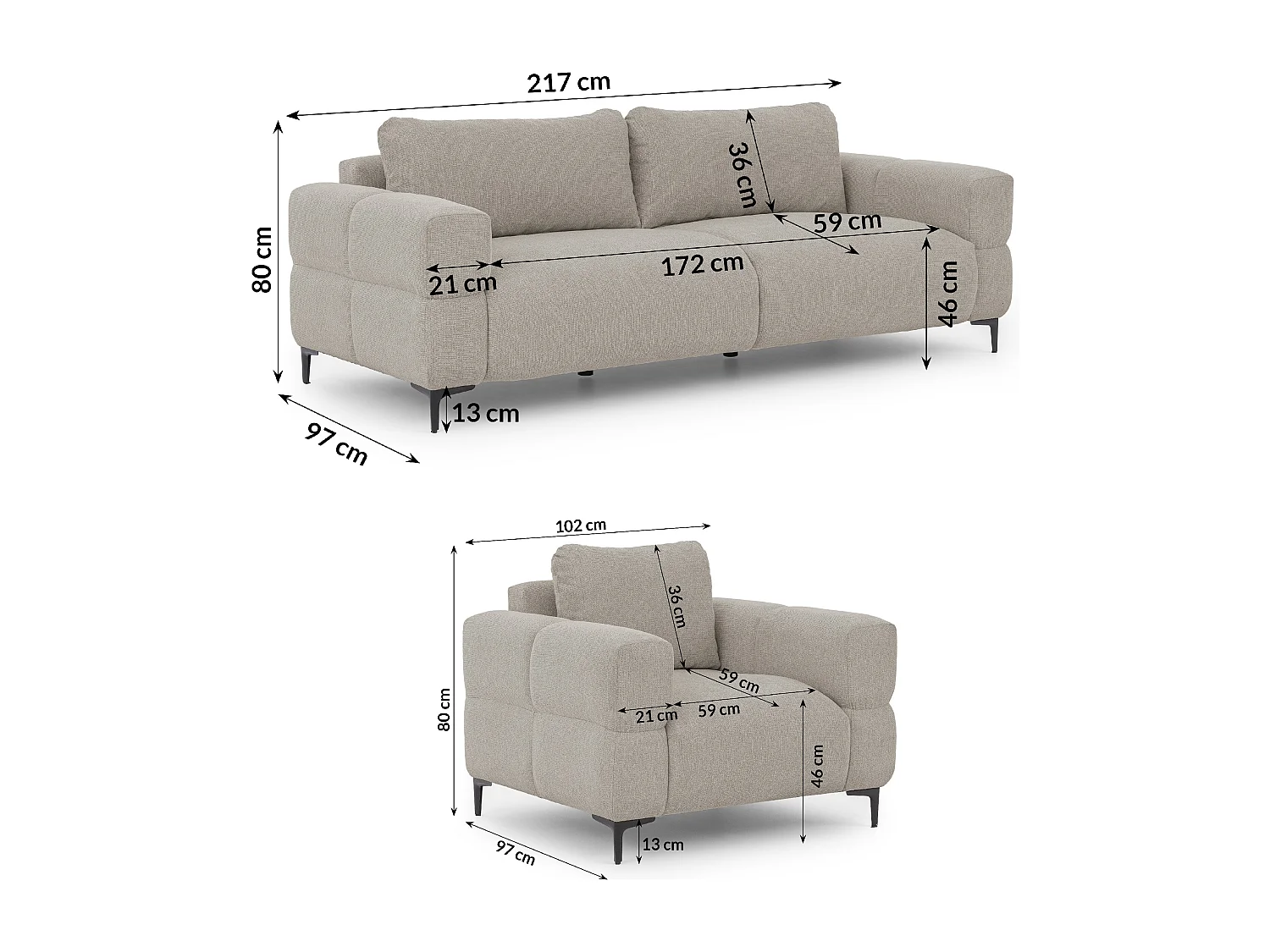 Ensemble de canapés 3+1 (3 places et fauteuil) au design bubble en tissu texturé doux de couleur taupe CARDEA