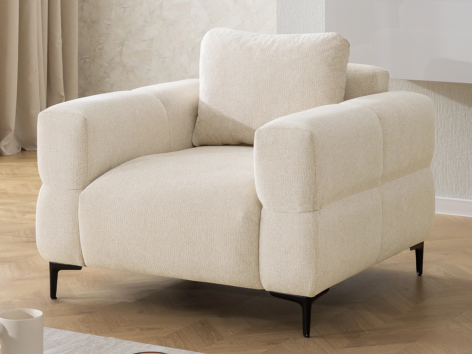 Ensemble de canapés 3+1 (3 places et fauteuil) au design bubble en tissu texturé doux de couleur beige clair CARDEA