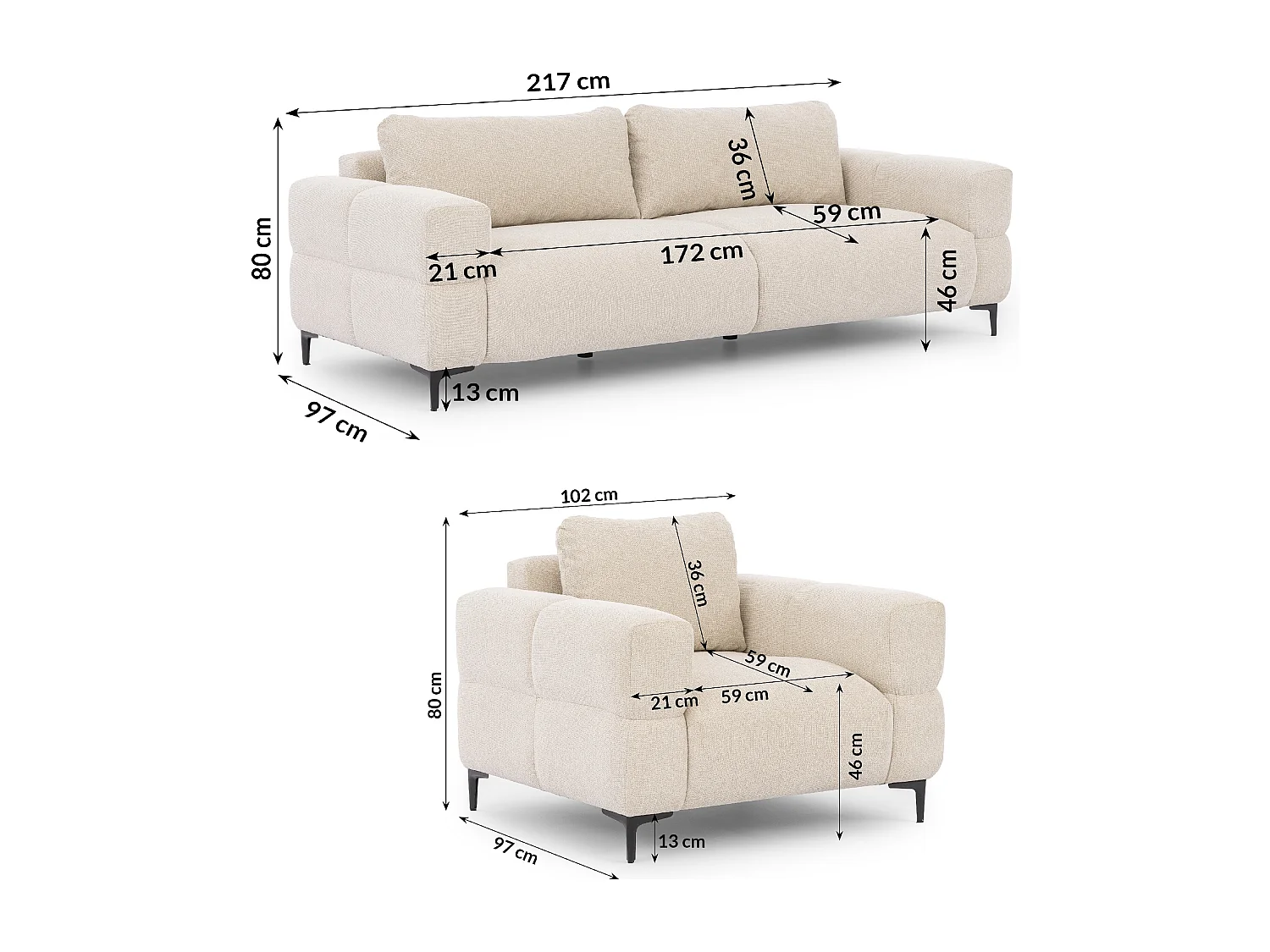 Ensemble de canapés 3+1 (3 places et fauteuil) au design bubble en tissu texturé doux de couleur beige clair CARDEA