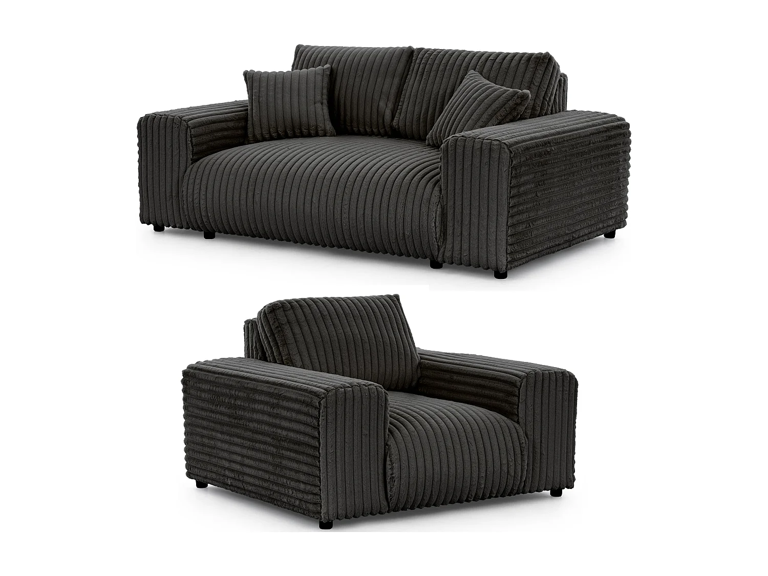 Ensemble de canapés 2+1 (2 places et fauteuil) 2+1 en velours côtelé pelucheux gris foncé MOLLIS