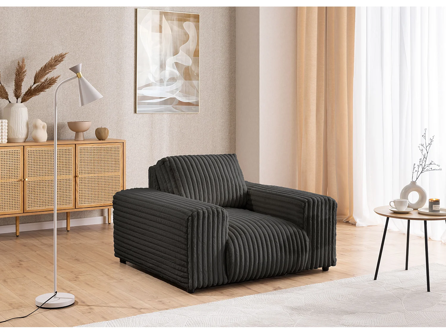 Ensemble de canapés 2+1 (2 places et fauteuil) 2+1 en velours côtelé pelucheux gris foncé MOLLIS