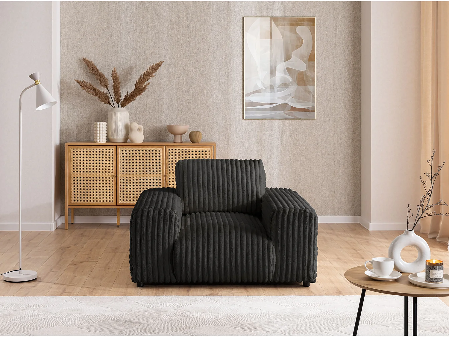 Ensemble de canapés 2+1 (2 places et fauteuil) 2+1 en velours côtelé pelucheux gris foncé MOLLIS