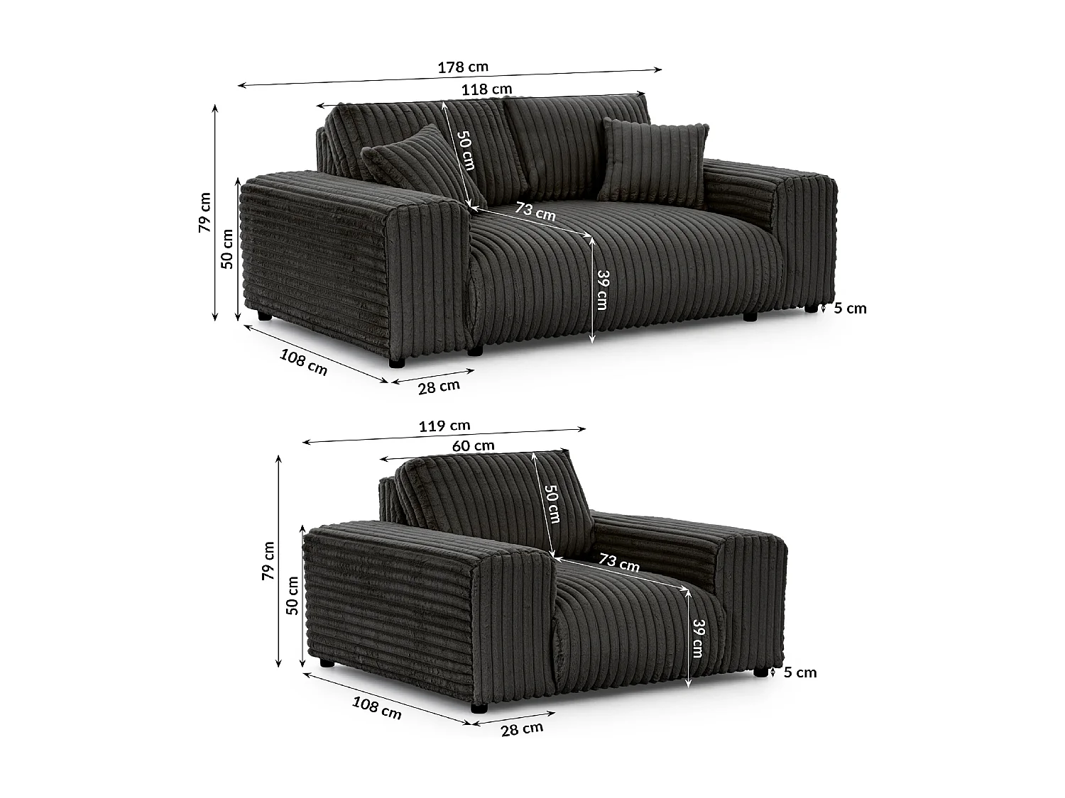 Ensemble de canapés 2+1 (2 places et fauteuil) 2+1 en velours côtelé pelucheux gris foncé MOLLIS