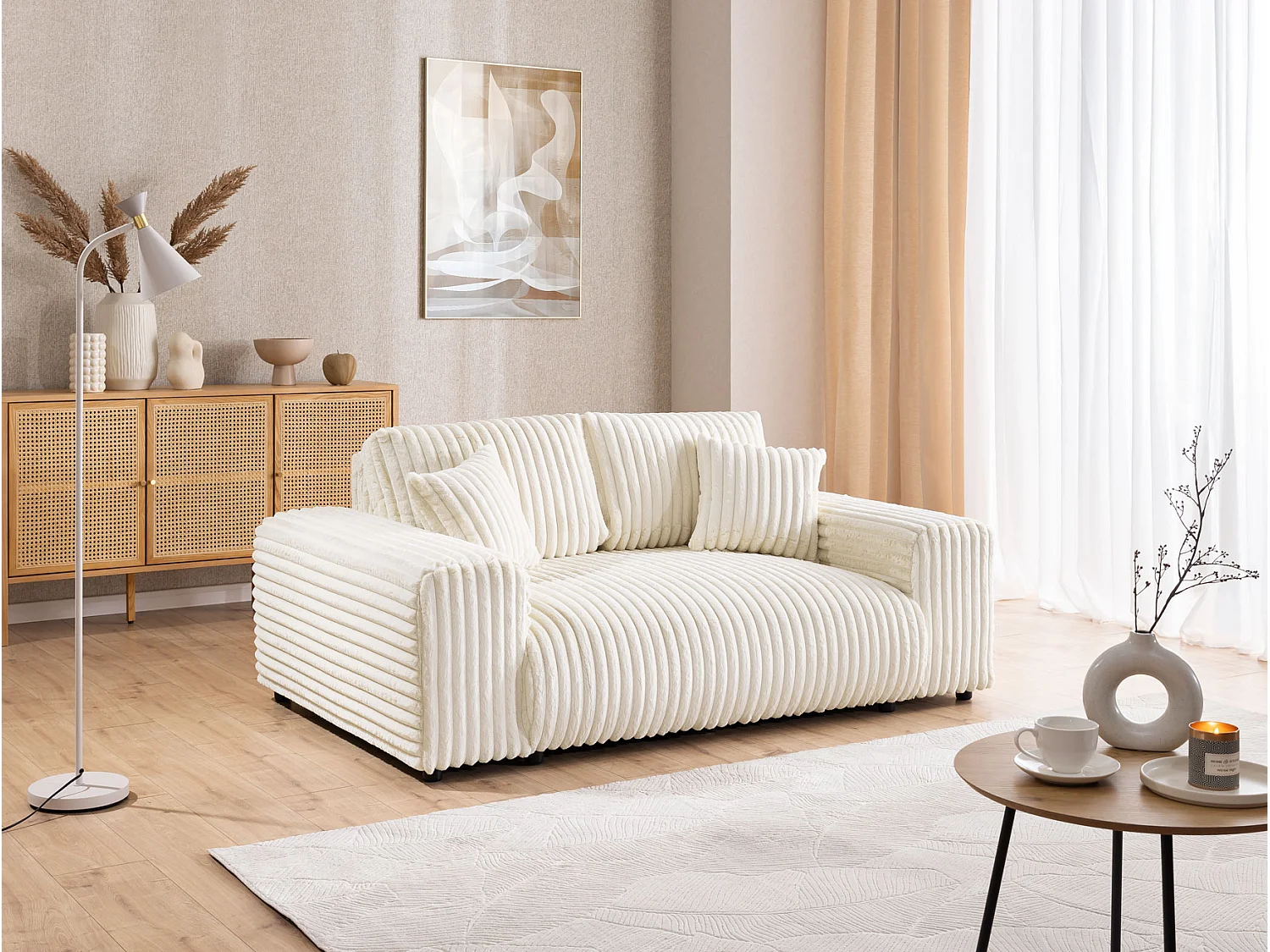 Ensemble de canapés 3+2+1 (3 places, 2 places et fauteuil) 3+2+1 en velours côtelé pelucheux beige clair MOLLIS