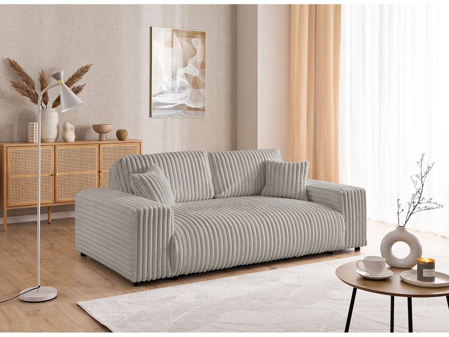 Ensemble de canapés 3+1 (3 places et fauteuil) 3+2+1 en velours côtelé pelucheux gris clair MOLLIS