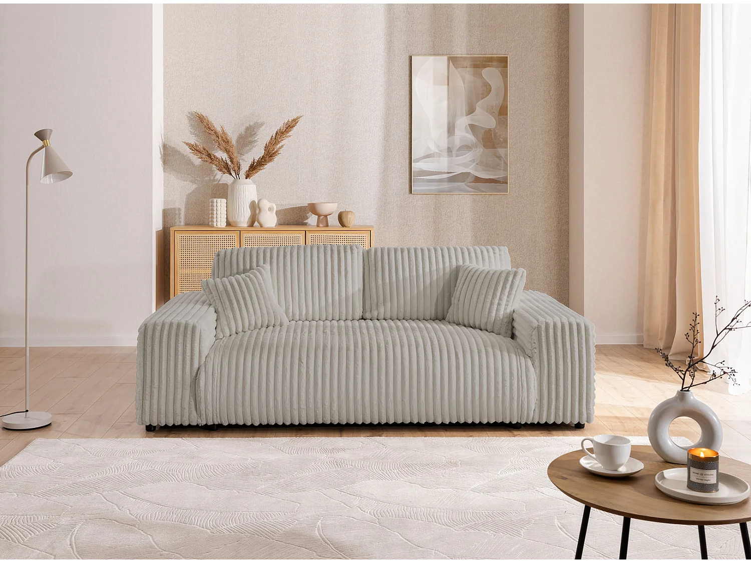 Ensemble de canapés 3+1 (3 places et fauteuil) 3+2+1 en velours côtelé pelucheux gris clair MOLLIS