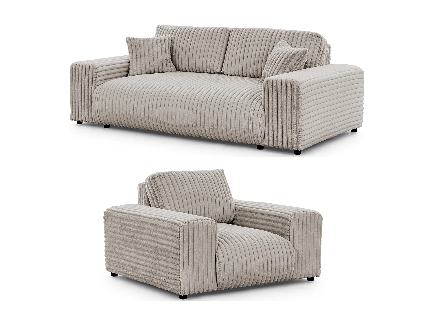 Ensemble de canapés 3+1 (3 places et fauteuil) 3+2+1 en velours côtelé pelucheux gris clair MOLLIS