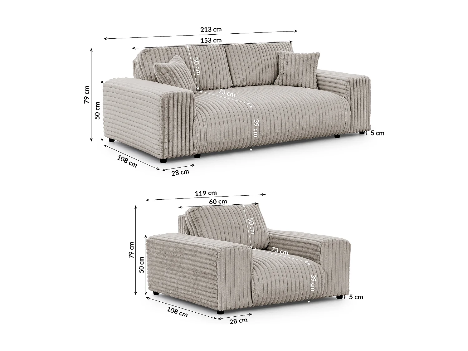 Ensemble de canapés 3+1 (3 places et fauteuil) 3+2+1 en velours côtelé pelucheux gris clair MOLLIS