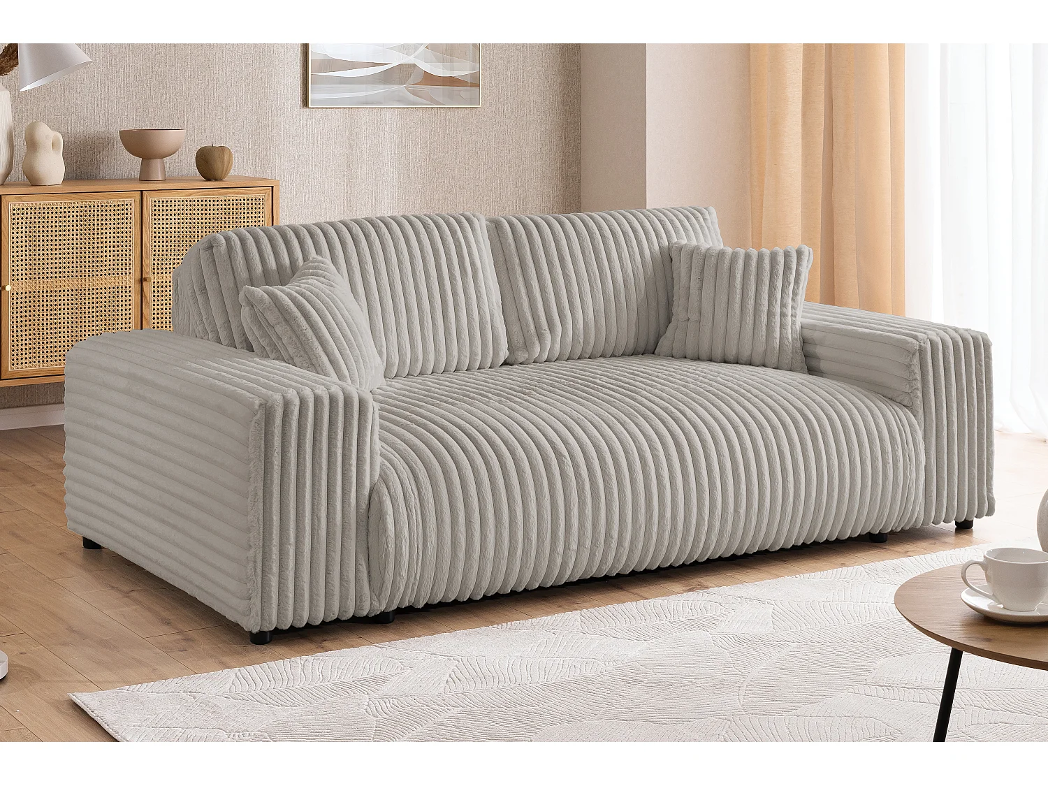 Ensemble de canapés 2+1 (2 places et fauteuil) 2+1 en velours côtelé pelucheux beige clair MOLLIS