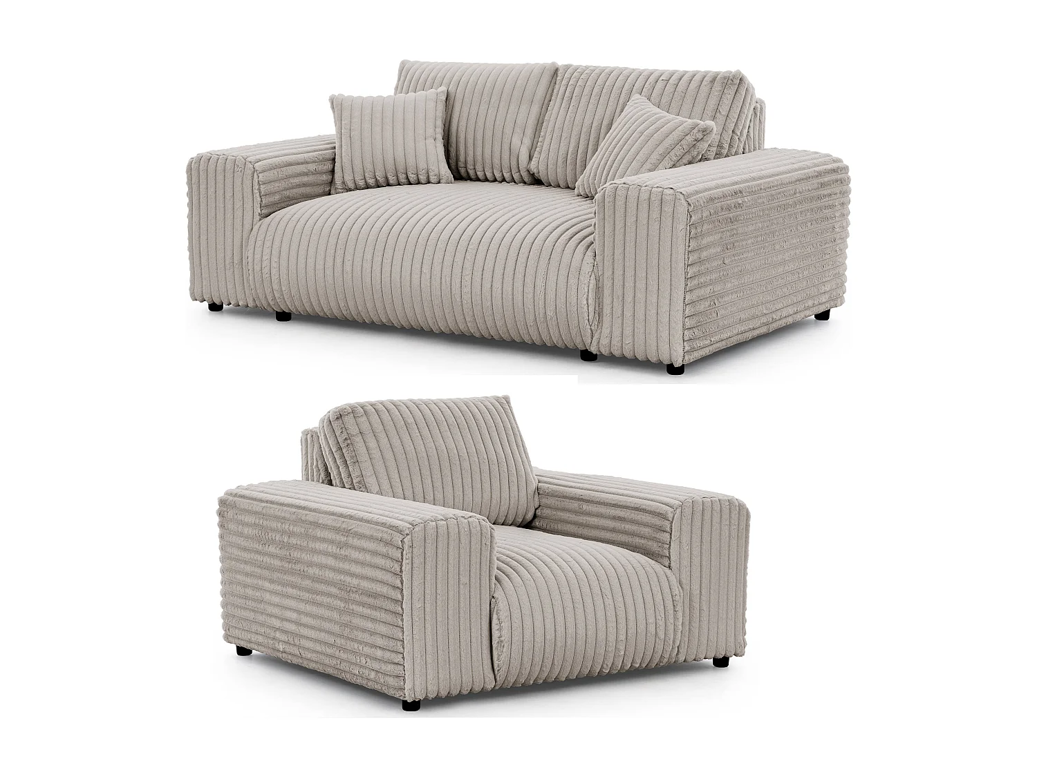 Ensemble de canapés 2+1 (2 places et fauteuil) 2+1 en velours côtelé pelucheux beige clair MOLLIS