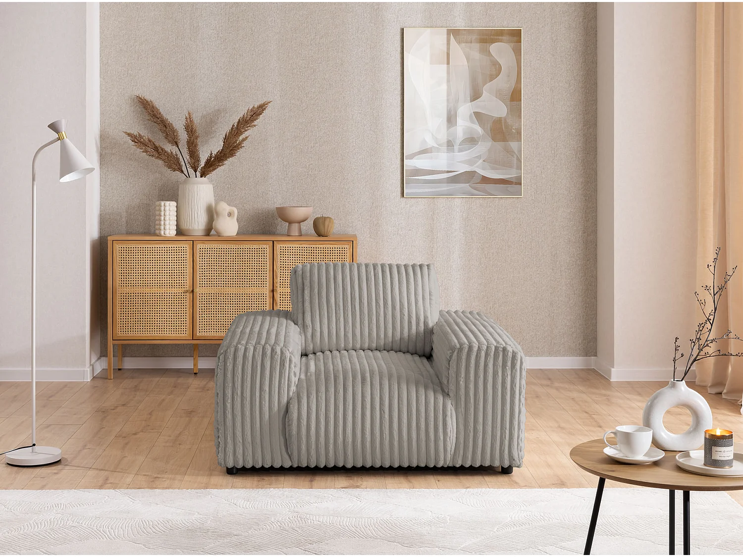 Ensemble de canapés 2+1 (2 places et fauteuil) 2+1 en velours côtelé pelucheux beige clair MOLLIS