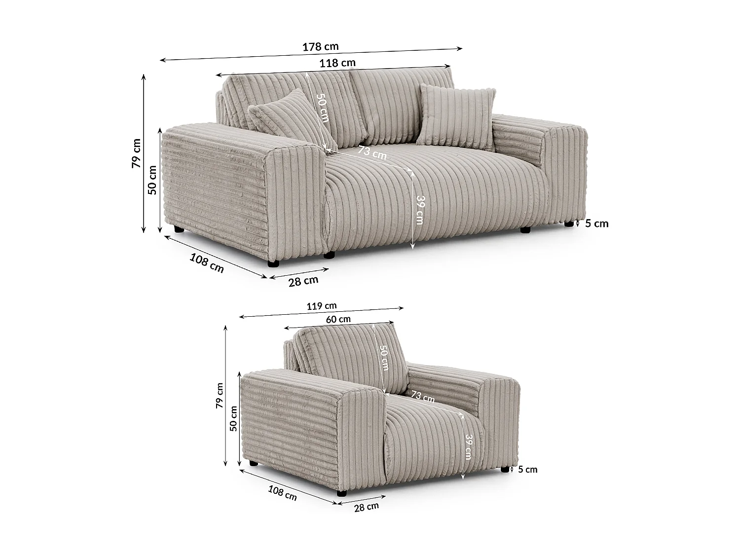 Ensemble de canapés 2+1 (2 places et fauteuil) 2+1 en velours côtelé pelucheux beige clair MOLLIS