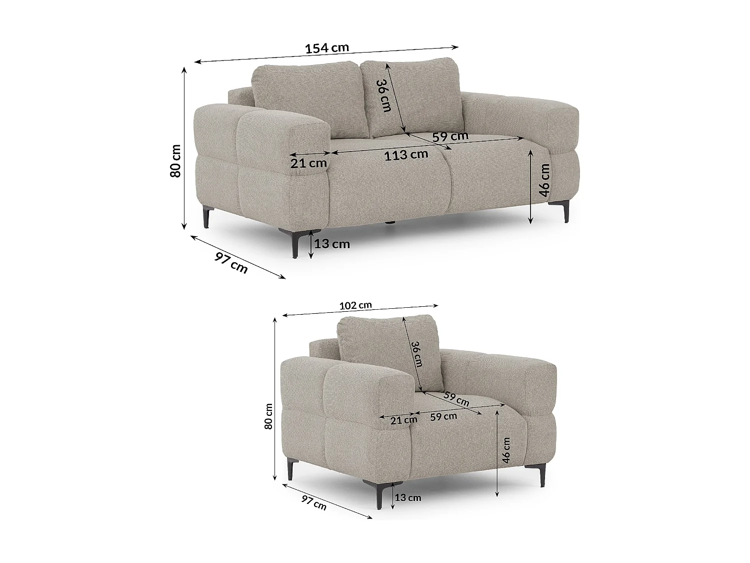 Ensemble de canapés 2+1 (2 places et fauteuil) au design bubble en tissu texturé doux de couleur taupe CARDEA