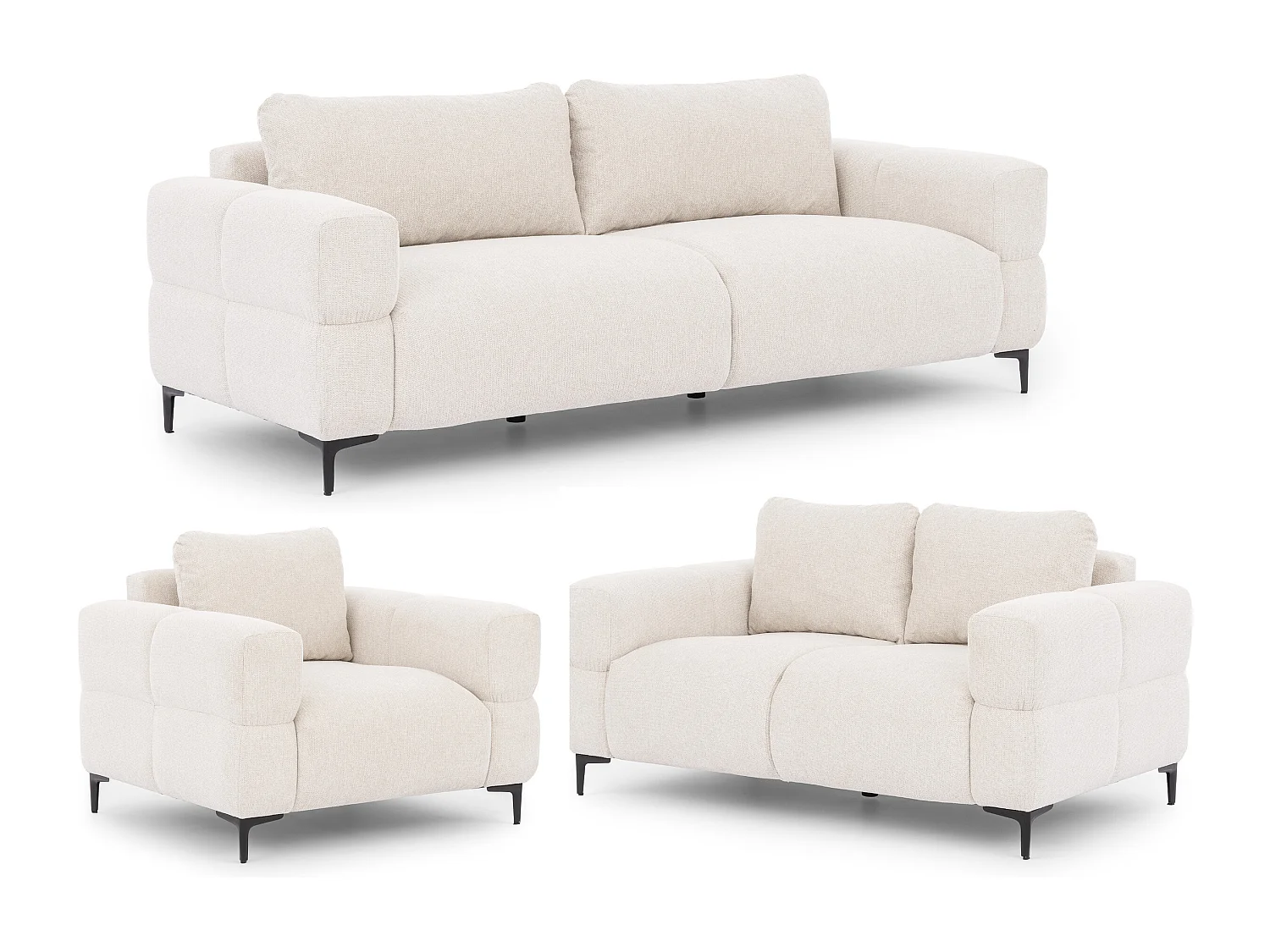 Ensemble de canapés 3+2+1 (3 places, 2 places et fauteuil) au design bubble en tissu texturé doux de couleur crème CARDEA