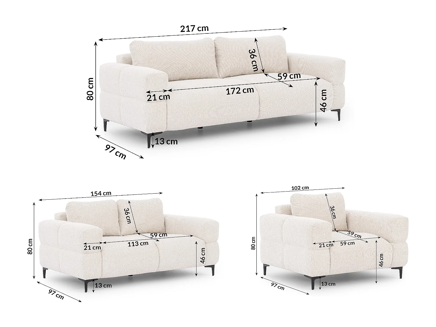 Ensemble de canapés 3+2+1 (3 places, 2 places et fauteuil) au design bubble en tissu texturé doux de couleur crème CARDEA