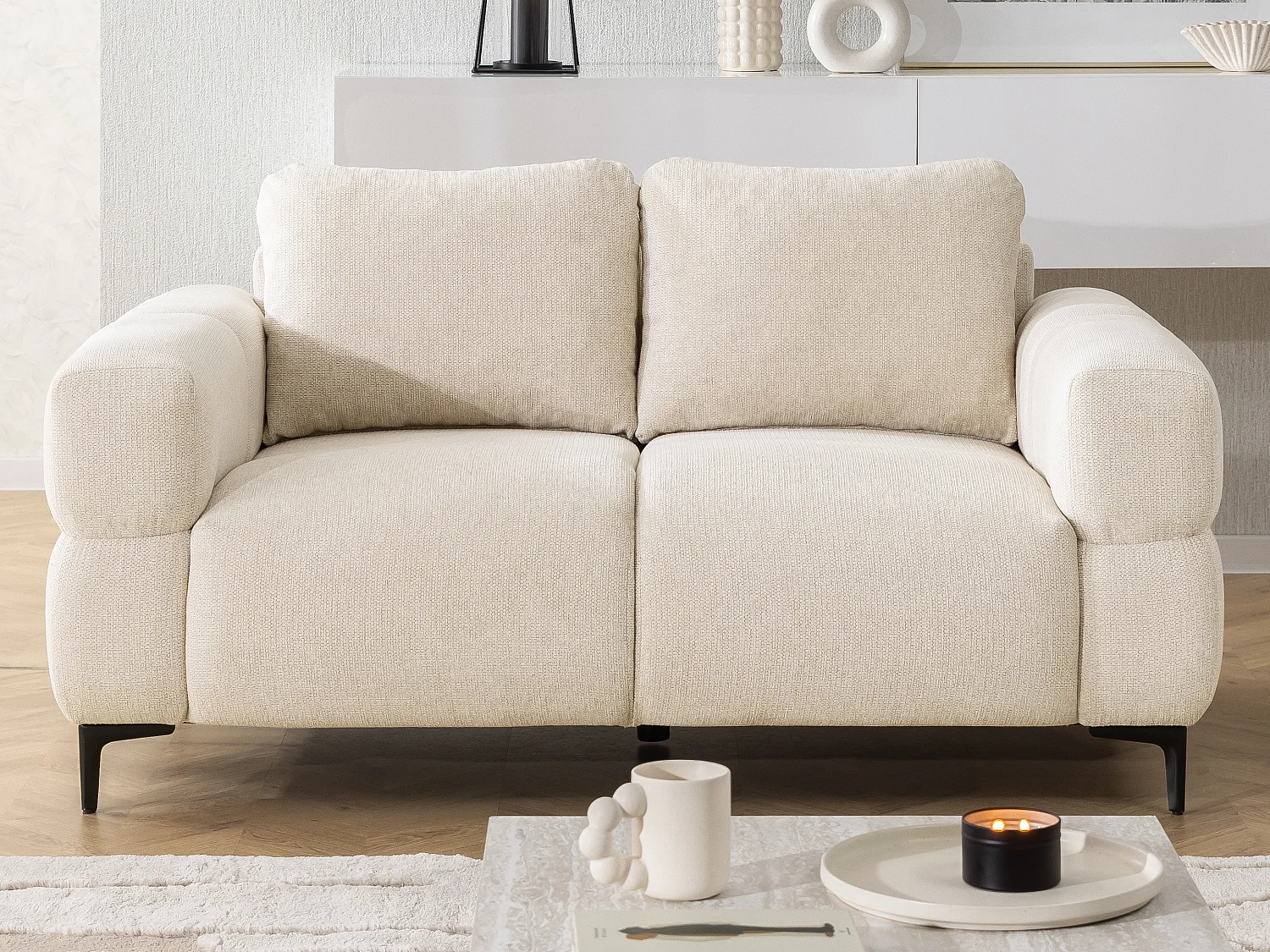 Ensemble de canapés 2+1 (2 places et fauteuil) au design bubble en tissu texturé doux de couleur beige clair CARDEA