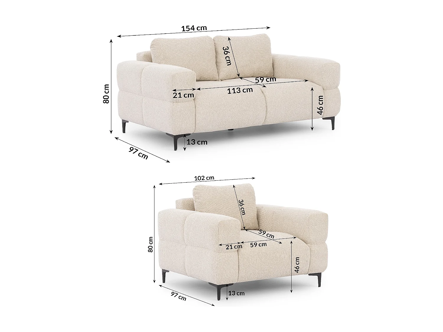 Ensemble de canapés 2+1 (2 places et fauteuil) au design bubble en tissu texturé doux de couleur beige clair CARDEA