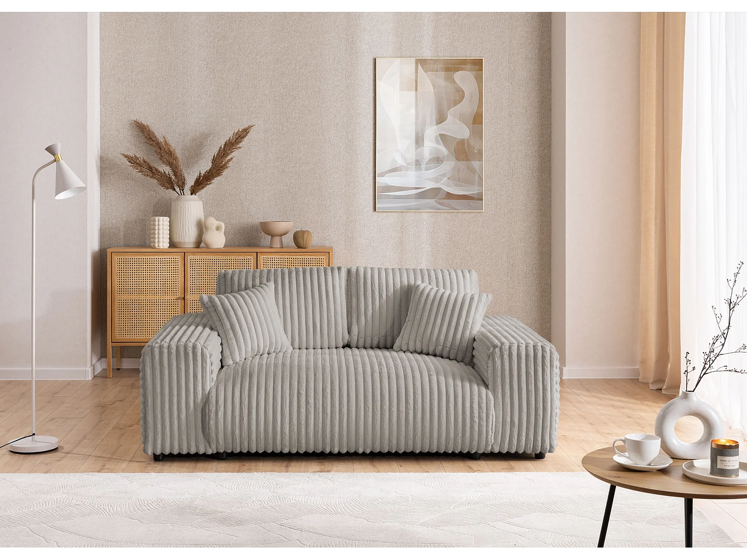 Ensemble de canapés 3+2+1 (3 places, 2 places et fauteuil) 3+2+1 en velours côtelé pelucheux gris clair MOLLIS