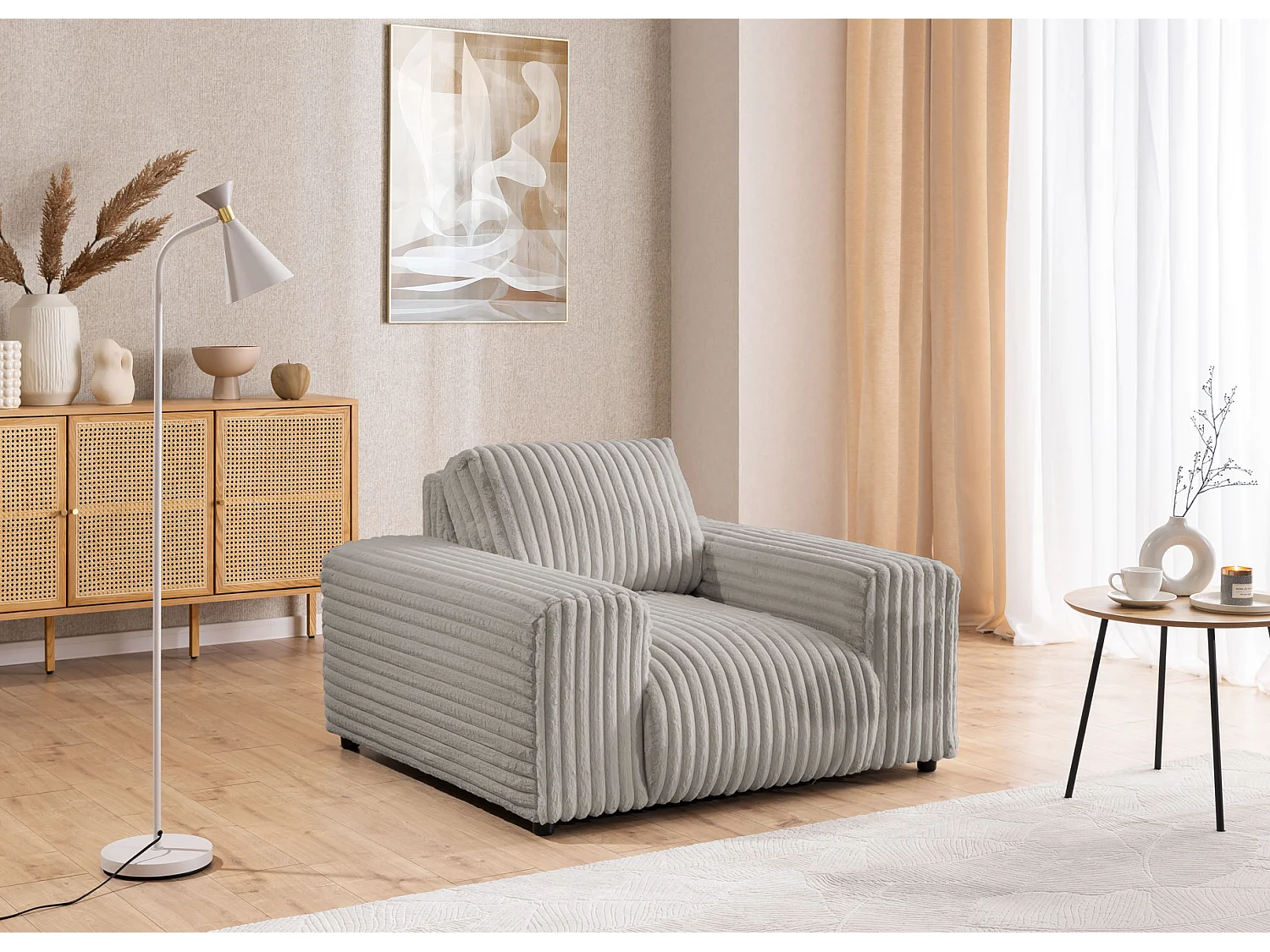 Ensemble de canapés 3+2+1 (3 places, 2 places et fauteuil) 3+2+1 en velours côtelé pelucheux gris clair MOLLIS